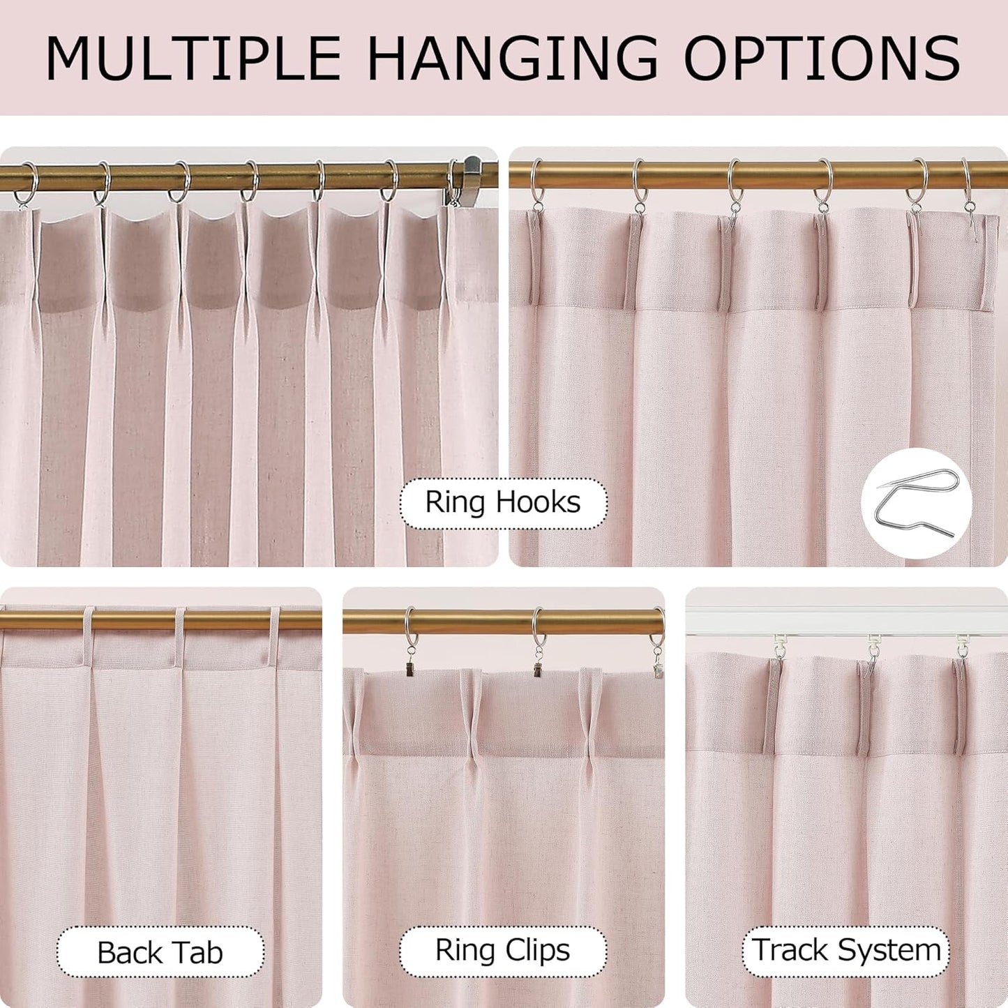 Vision Home Soft Pink Pinch Pleated Semi Sheer Curtains Textured Linen Blended Light Filtering Window Curtains 120 inch for Living Room Bedroom Pinch Pleat Drapes with Hooks 10ft 2 Panels 40" Wx120 L