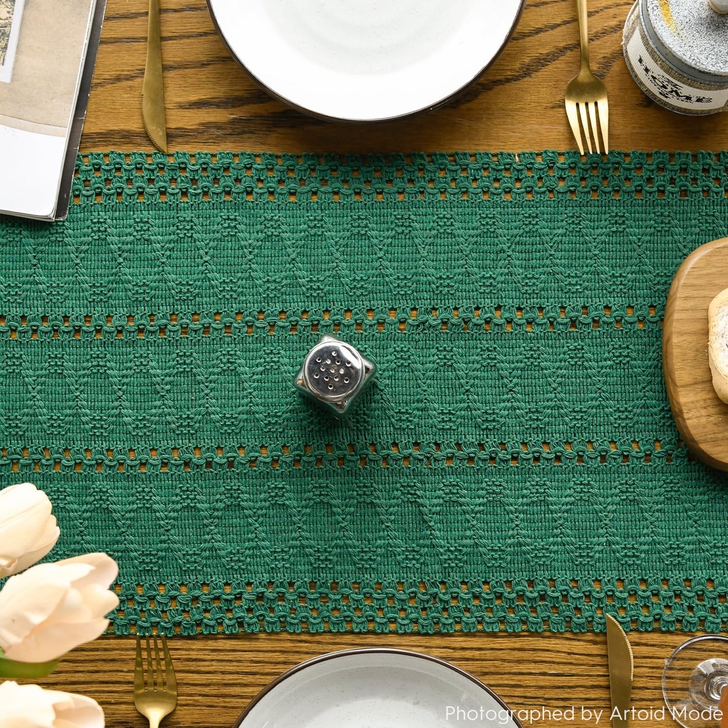 Artoid Mode Dark Green Farmhouse Woven Rustic Hollow Table Runner, Seasonal Holiday Hollow Kitchen Dining Table Decoration for Home Party Decor 12x120 Inch