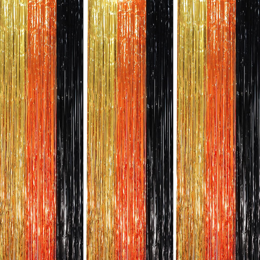 3 Pack 3.3 x 8.2 ft Black Gold Orange Foil Fringe Backdrop Curtains, Tinsel Streamers Party Decorations, Fringe Backdrop, Door Shimmer for Construction or Birthday Party
