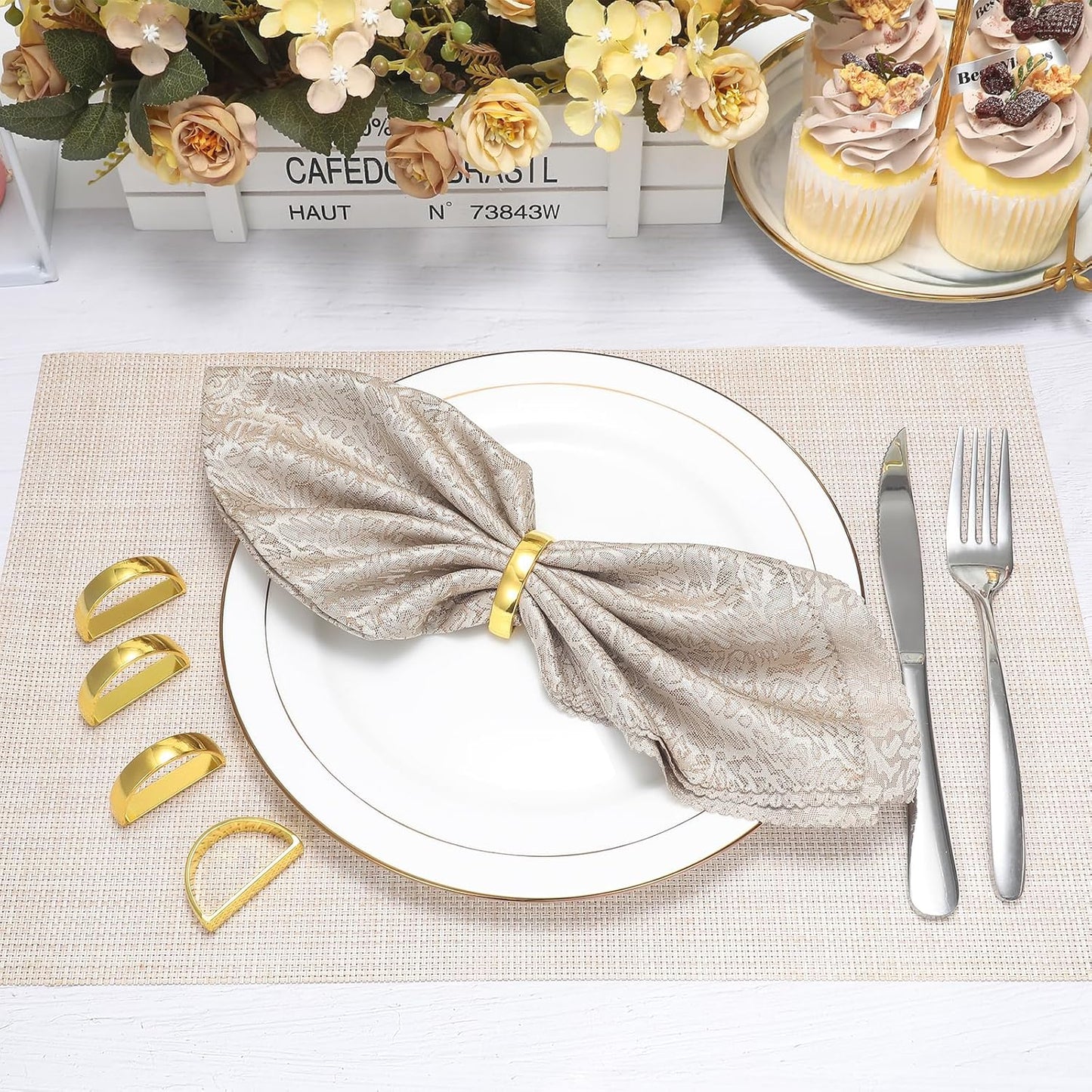 KPOSIYA Napkin Rings Set of 8, Metal Gold Napkin Rings Bulk for Table Settings, D-Shape Napkin Holders Rings for Dinner Table Decor, Easter, Fall,Thanksgiving, Christmas, Party,（Brilliant Gold 8 pcs）