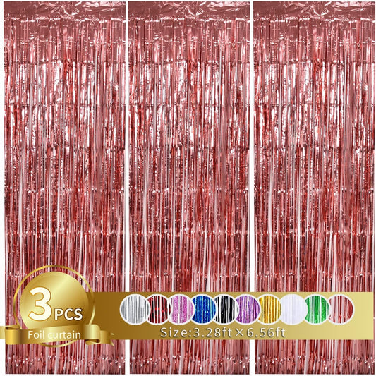 TONIFUL 3Pcs Rose Gold Door Streamers,Rose Gold Photo Booth Backdrop Metallic Streamers Foil Fringe Curtain for Birthday,Christmas,New Year,Bachelorette,Graduation Party Decor(9.9ft x 8.2ft)