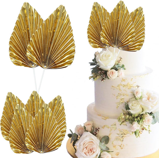 Ephlyn 6Pcs Paper Palm Leaves Fan Cake Toppers Palm Leaf Fan Cake Picks Craft DIY Fan Cupcake Toppers Palm Spear Leaves Cake Decorations for Baby Shower Wedding Birthday Party Supplies Bright Gold