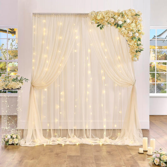 Champagne Backdrop Curtain with Lights String for Parites Wedding 20×8ft Sheer Tulle Backdrop Curtains for Bridal Shower Baby Shower Birthday Party Photo Shoot Background Decorations(4 Panels 5ft×8ft)