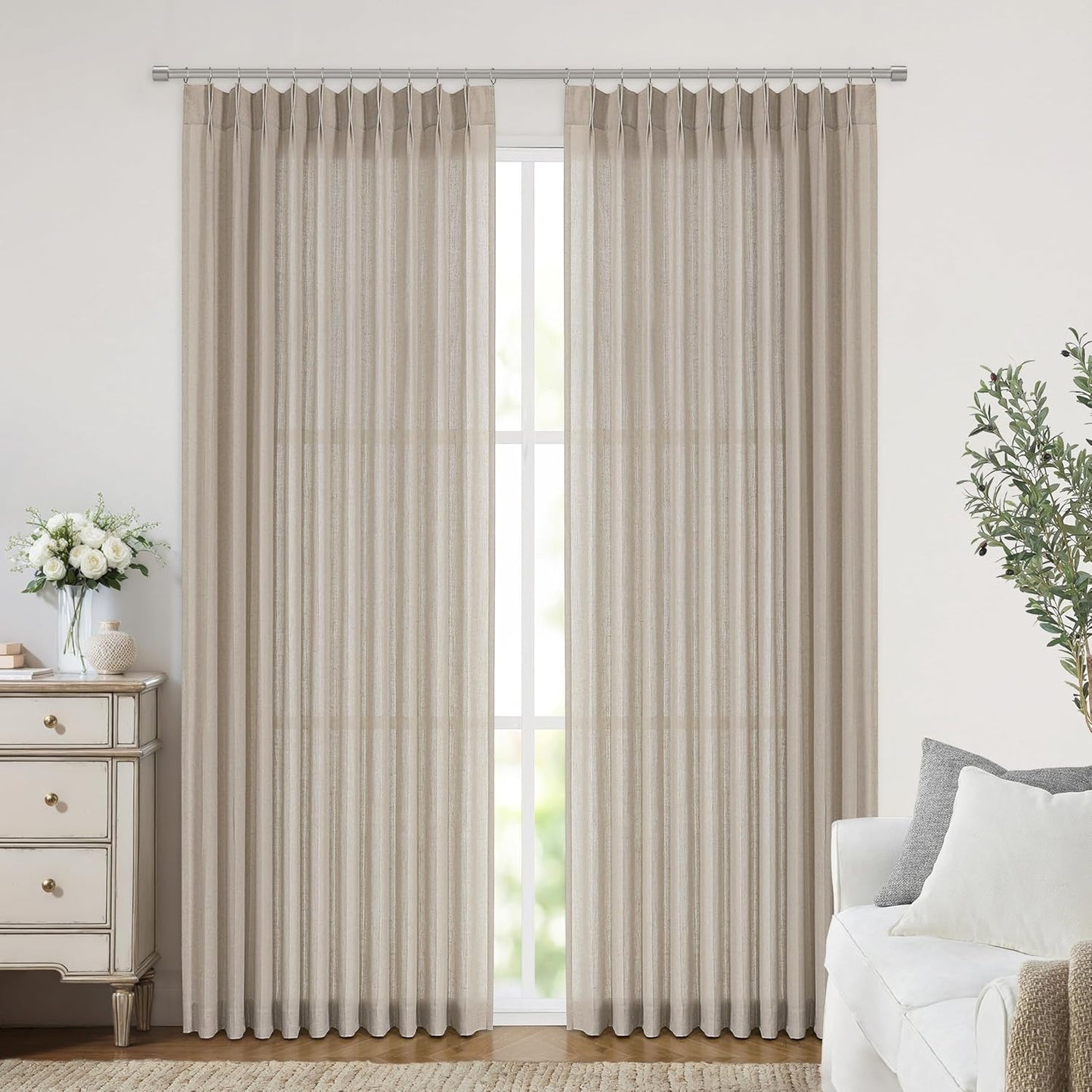 Vision Home Sand Pinch Pleated Semi Sheer Curtains Textured Linen Blended Light Filtering Window Curtains 95 inch for Living Room Bedroom Patio Pinch Pleat Drapes with Hooks 1 Panel 60" Wx95 L