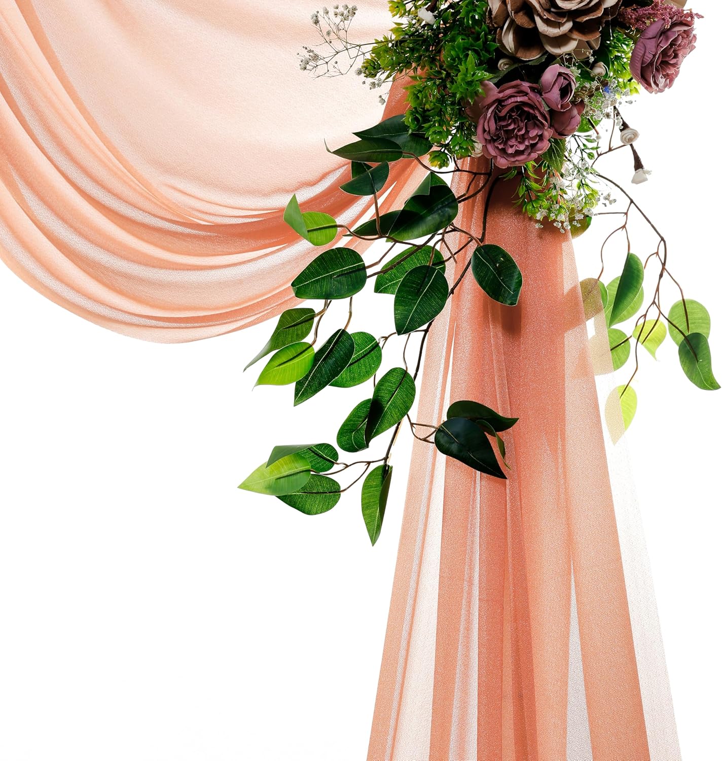 VDS Pack of 3 Panel (30 Inch X 20 Feet) Wedding Arch Draping Fabric Sheer Chiffon Fabric Drapery for Wedding Ceremony Reception Swag Backdrop Canopy Chuppah ARBO Altars Decoration (Coral Peach)