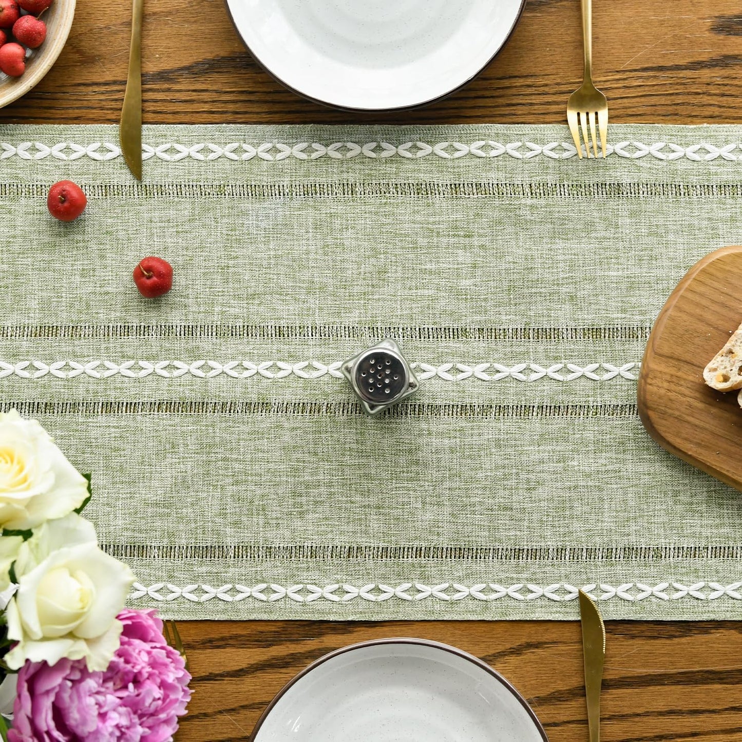 Artoid Mode Sage Green Rustic Cotton Linen Table Runner, Seasonal Embroidered Hollow Kitchen Dining Table Decoration for Home Party Decor 13x108 Inch