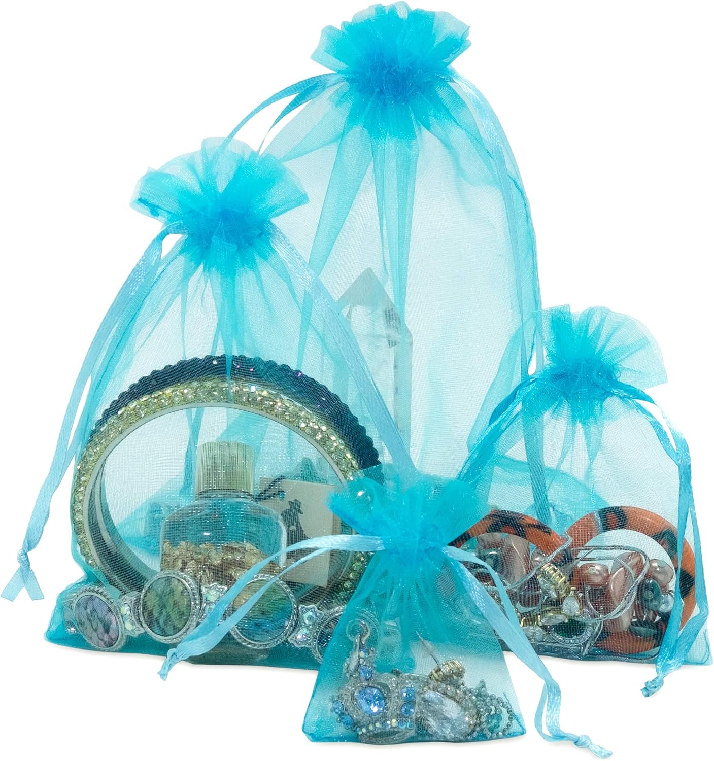 TheDisplayGuys 48-Pack 4x6 Turquoise Blue Sheer Organza Gift Bags with Drawstring, Jewelry Candy Treat Wedding Party Favors Mesh Pouch