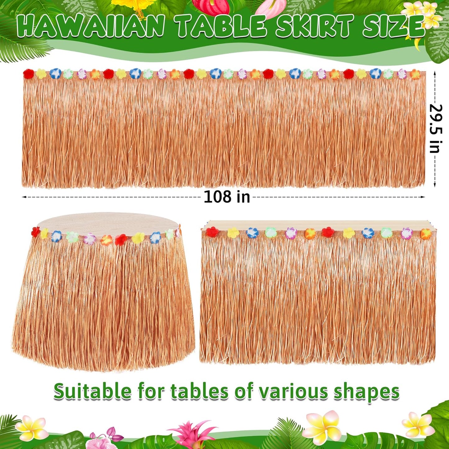 12PCS Hawaiian Table Skirt, Luau Themed Grass Table Skirt Party Supplies, Indoor Outdoor 108 X 29.5" Flower Tropical Hula Dance Parties Supplies Bulk, Table Skirt for Summer Beach Themed Party