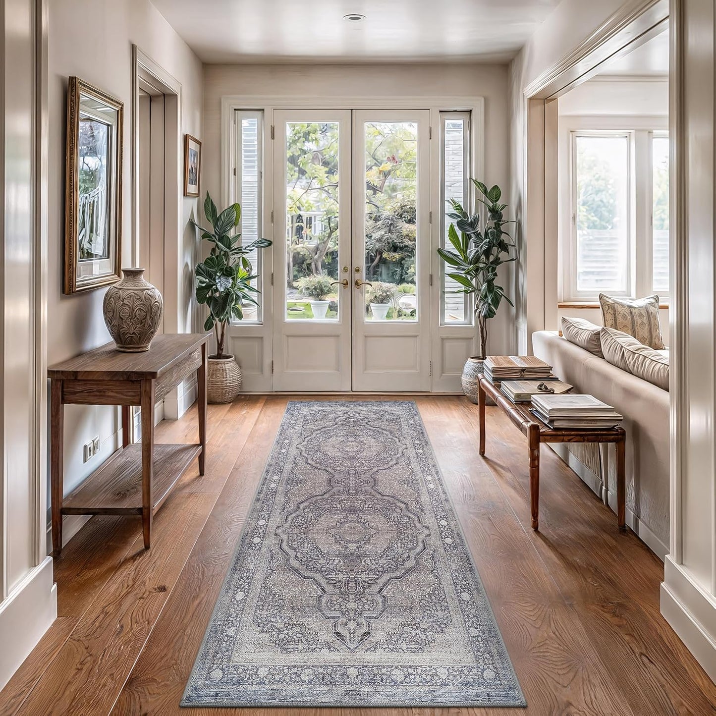 Bloom Rugs Washable Non-Slip 12 ft Runner - Blue/Steel Gray/Beige Traditional Medallion Runner for Entryway, Hallway, Bathroom, and Kitchen - Exact Size: 2.5' x 12'