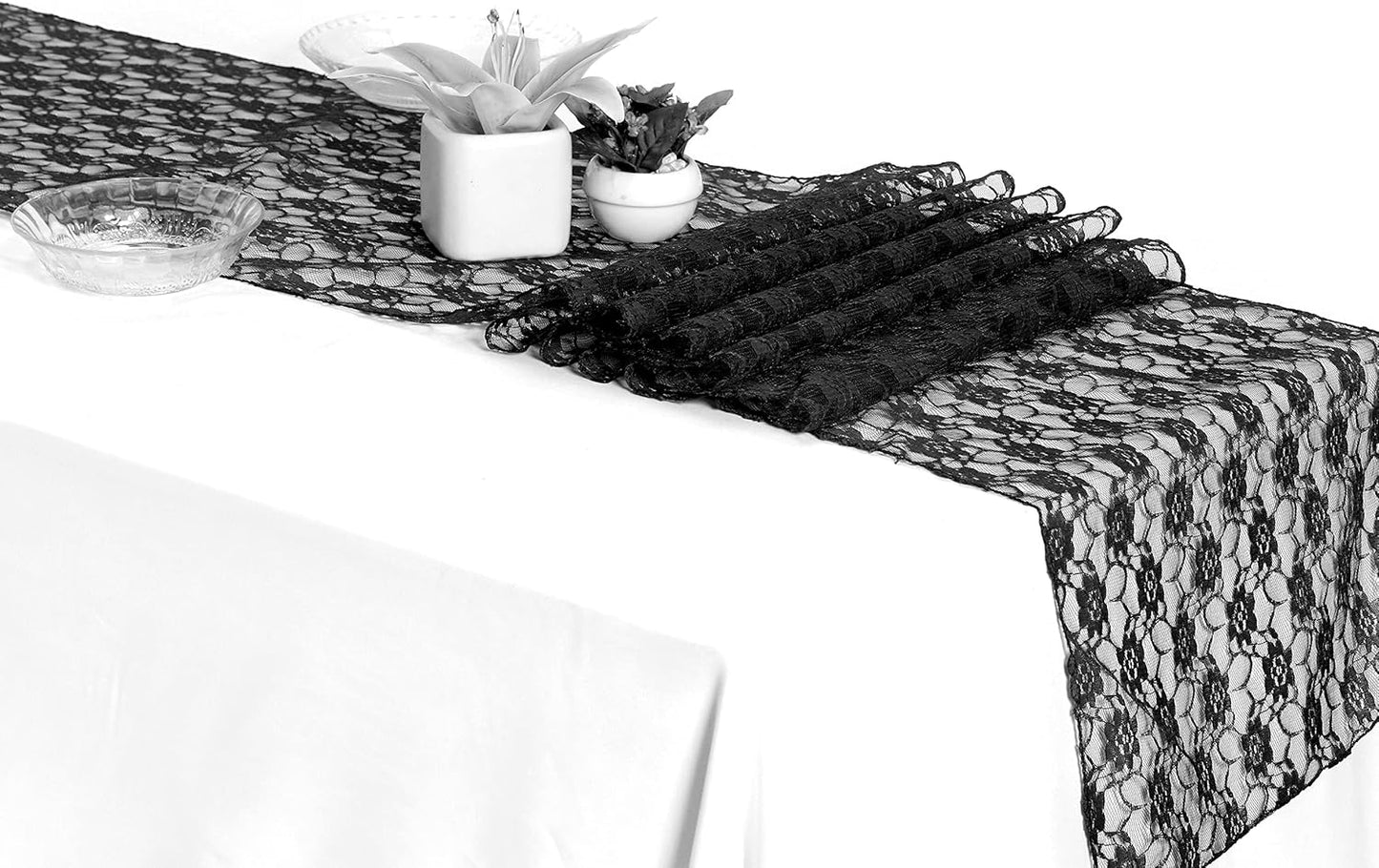 MDS Pack of 15 Wedding 12 x 108 inches Lace Table Runner for Wedding, Decorations for Birthday Parties, Banquets, Graduations, Engagements, and Runners fit Rectangle, Round Table- Black