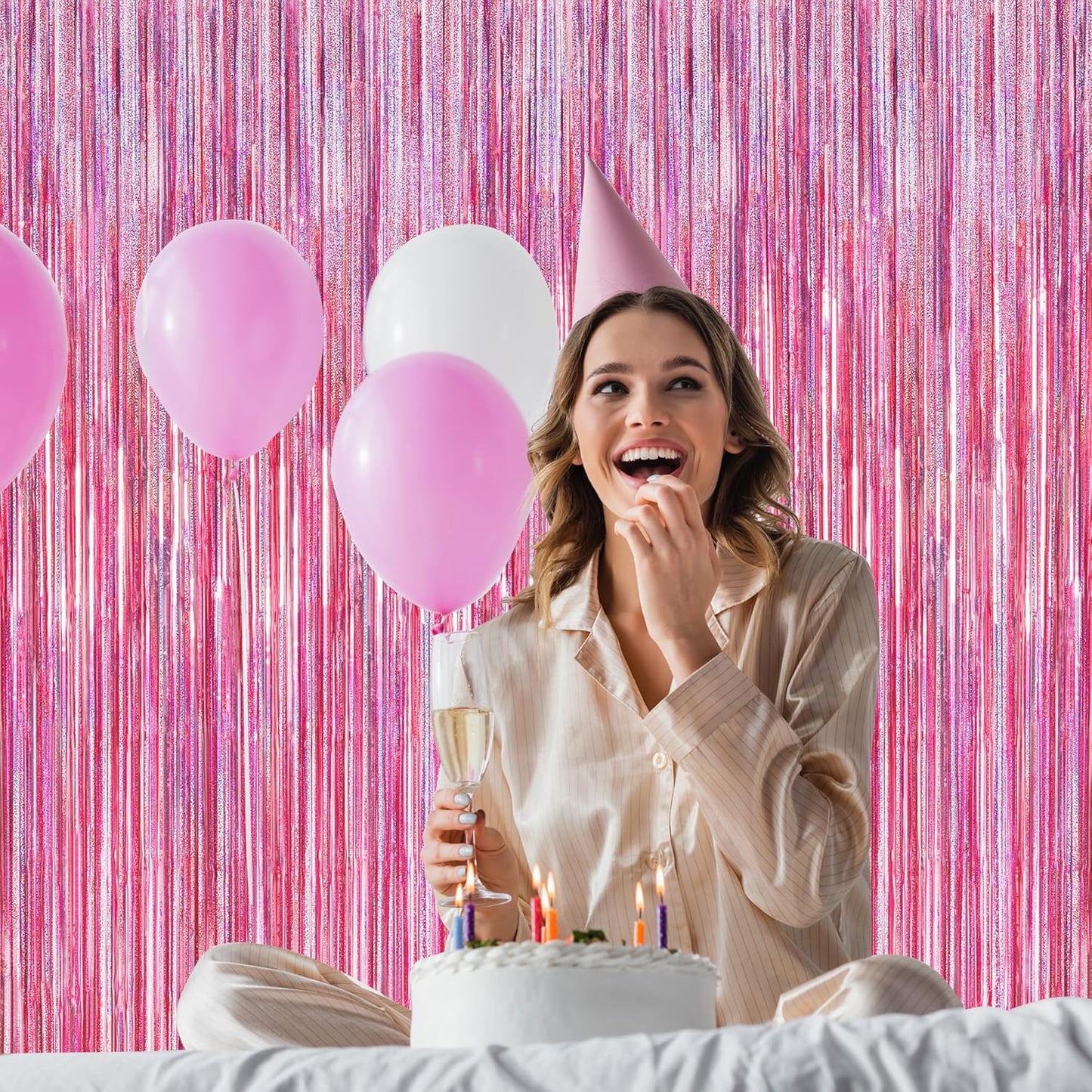 4 Pack Pink Backdrop, 3.28 FT x7.05 FT Foil Fringe Curtains, Metallic Glitter Pink Streamer Fringe Backdrop Foil Curtains, Laser Pink Birthday Party Decorations Bachelorette Decor