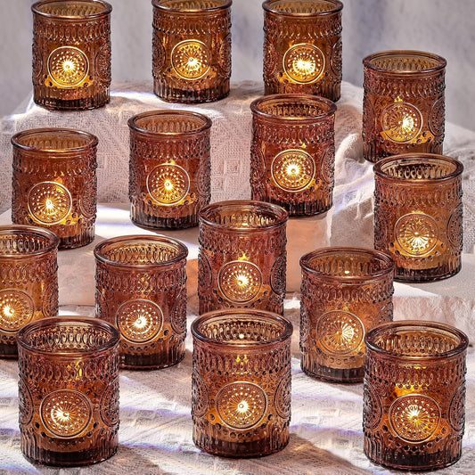 DARJEN Amber Votive Candle Holders Set of 36- Glass Candle Holders Bulk for Flameless LED Tea Waxes, Vintage Candle Holder for Wedding & Home Table Decor, Vintage Parties