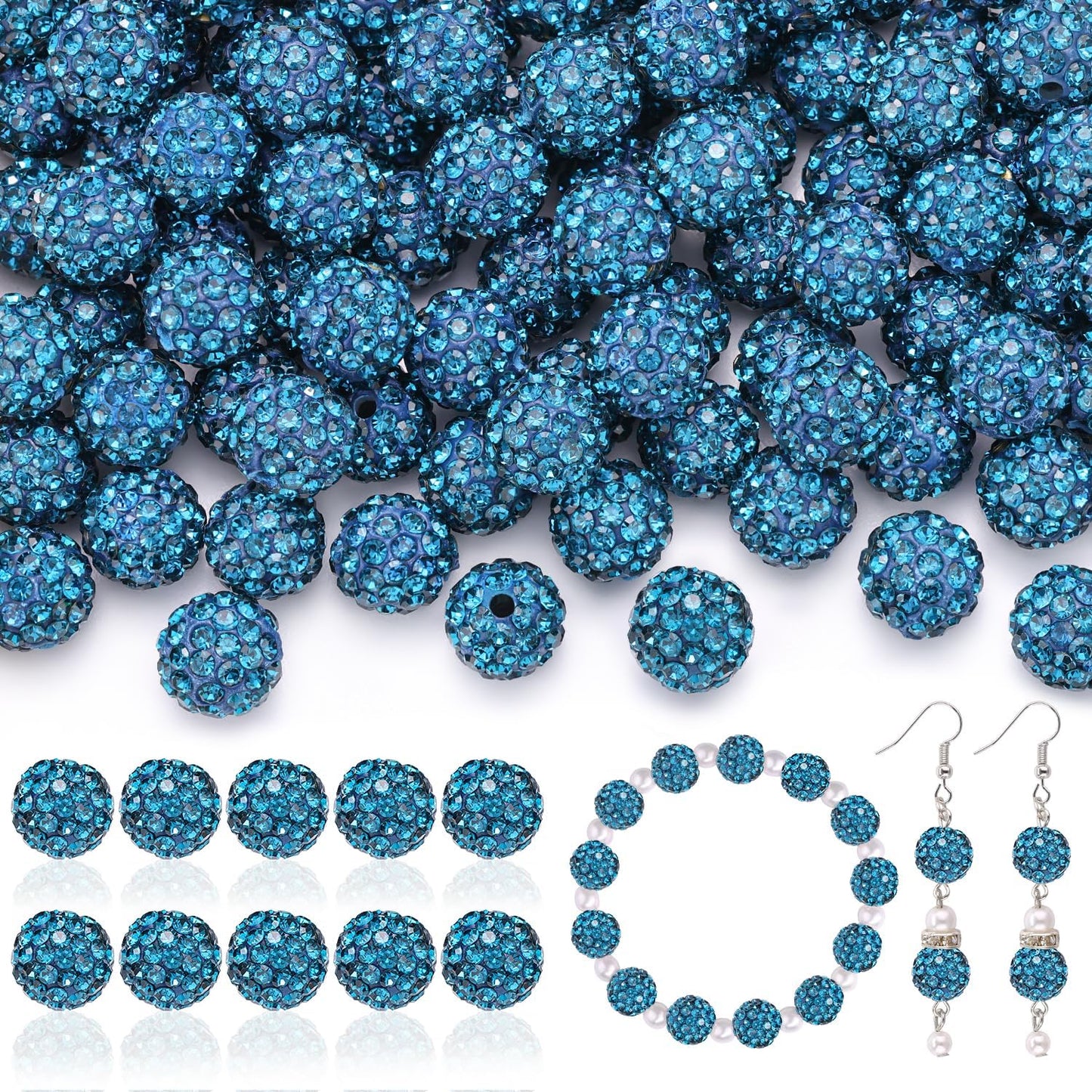 160pcs 10mm Rhinestone Beads for Jewelry Making, Blue Zircon Shiny Round Disco Ball Beads Bulk, Sparkle Crystal Clay Christmas for Bracelet Baseball Necklace Earring Crafting and DIY