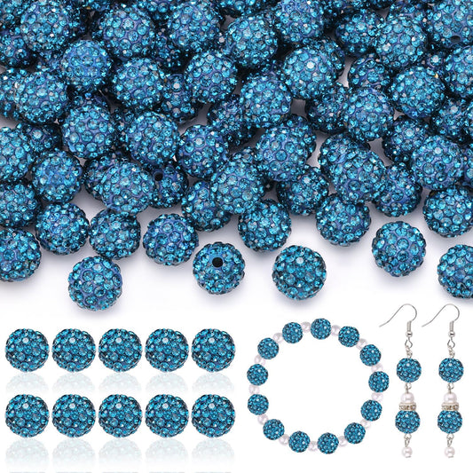 105pcs 10mm Rhinestone Beads for Jewelry Making, Blue Zircon Shiny Round Disco Ball Beads Bulk, Sparkle Crystal Clay Christmas for Bracelet Baseball Necklace Earring Crafting and DIY