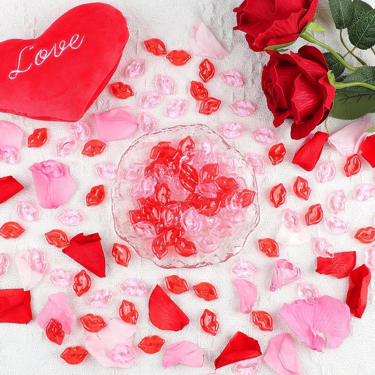 Fangoo 210PCS Red Pink Acrylic Lips Ornaments Mini Acrylic Lips Gems for Valentine Vase Filler Decor for Table Scatter Engagement Valentine's Day Wedding Anniversary Party (RedPink-Lip, 12OZ)