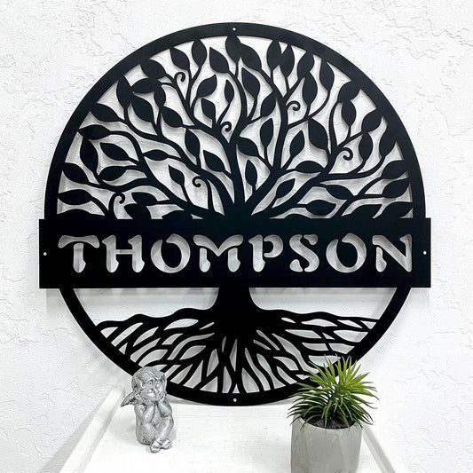 RealSteel Personalized Metal Wall Art - Custom Tree of Life Design with Family Name - Circular Metal Sign - Personalized Wedding, Anniversary, or Housewarming Gift - Black, 36"