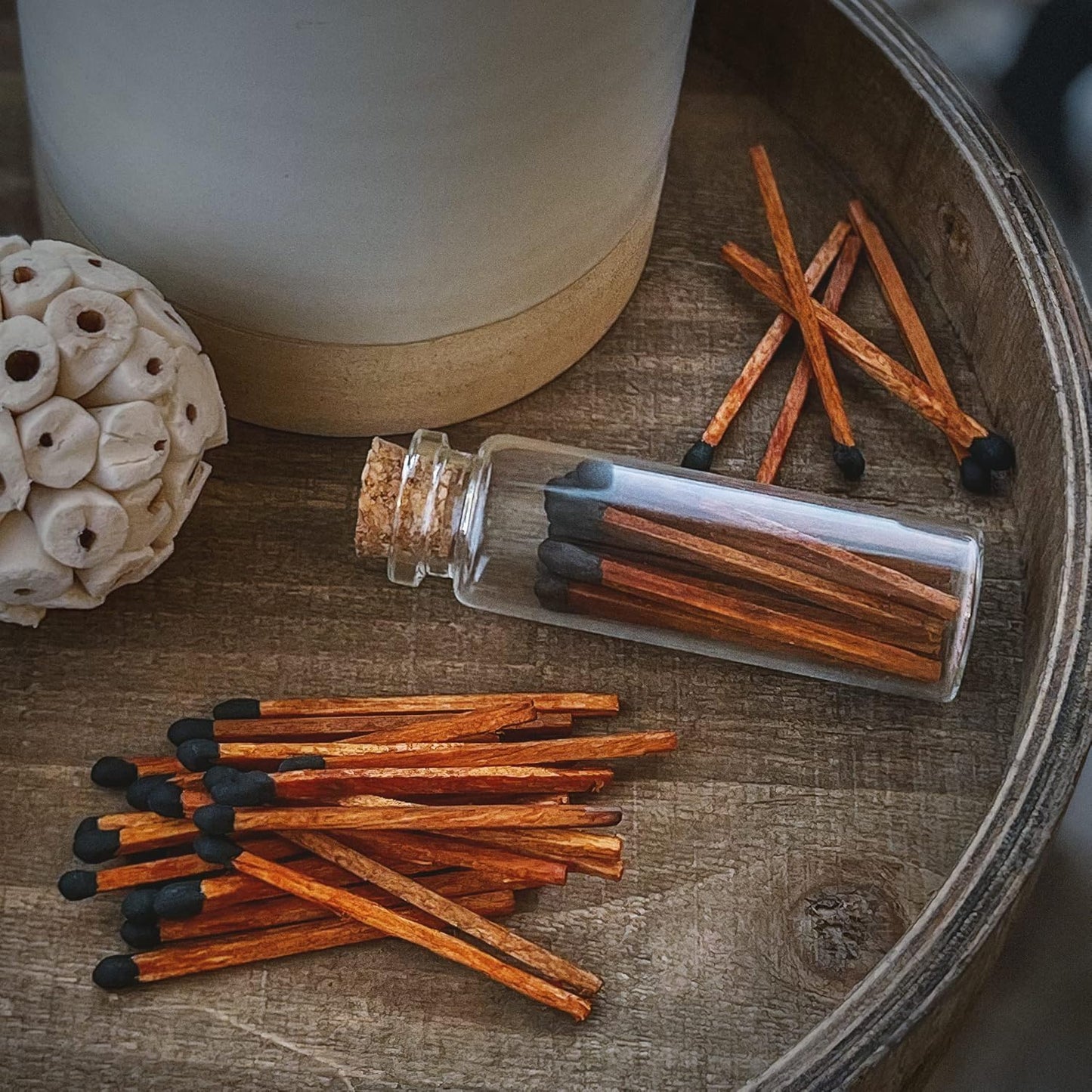 2" Matches in 6 Glass Bottles Cork Top, Striker Stickers Included | 120 Matchsticks Color of Your Choice | Decorative Safety Matches w/Small Glass Holder | Gifts & Home Decor by Thankful Greetings