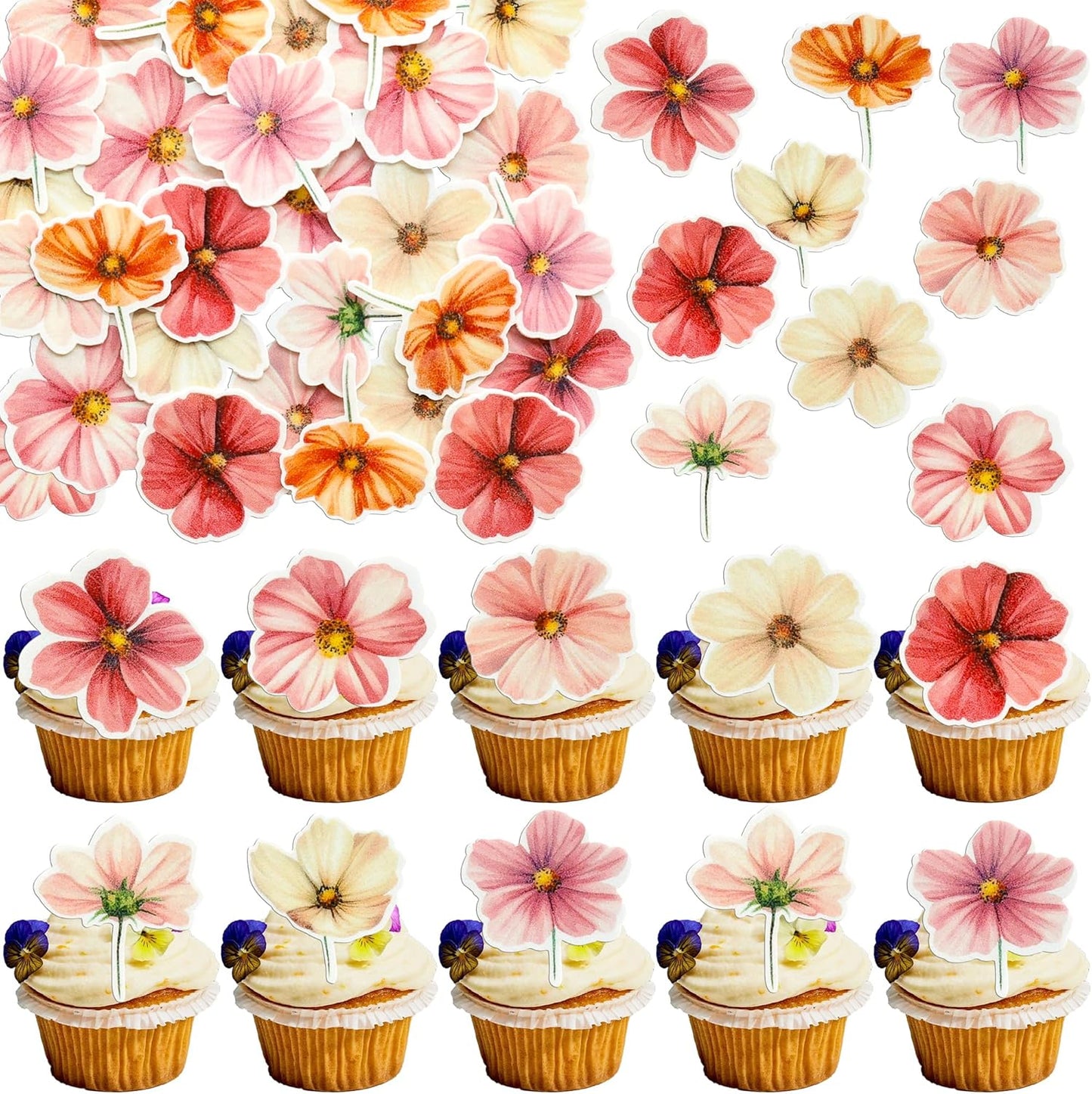 Ephlyn 50Pcs Edible Flower Cupcake Toppers Wafer Paper Spring Bridal Engagement Baby Shower Birthday Party Cupcake Picks Anniversary Party Decorations Supplies Rose Red