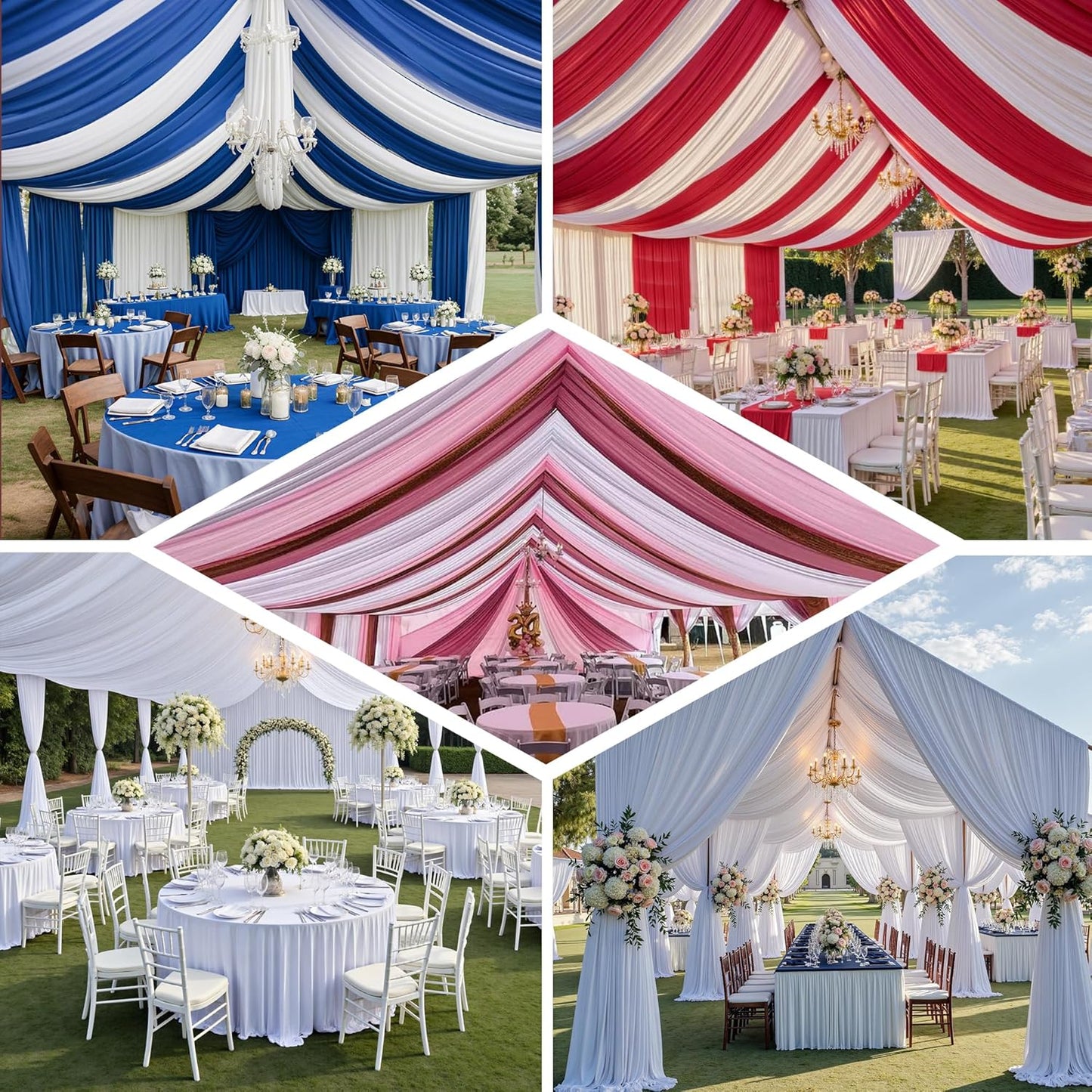 PartyVillage 40ftx40ft White Ceiling Curtain for Wedding Parties – 8 Panels Wrinkle-Free 40 FT Long Tent Draping Curtains for Wedding, Birthday & Theme Parties, 40ft Height with Rod Pocket
