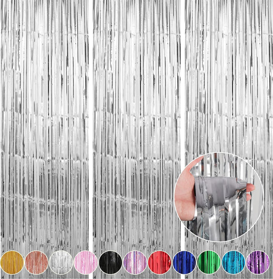 Crosize 3 Pack 3.3 x 9.9 ft Silver Foil Fringe Backdrop Curtain, Streamer Backdrop Curtains, Streamers Birthday Metallic Paper Party Decorations, Tinsel Curtain for Parties, Photo Booth Backdrops