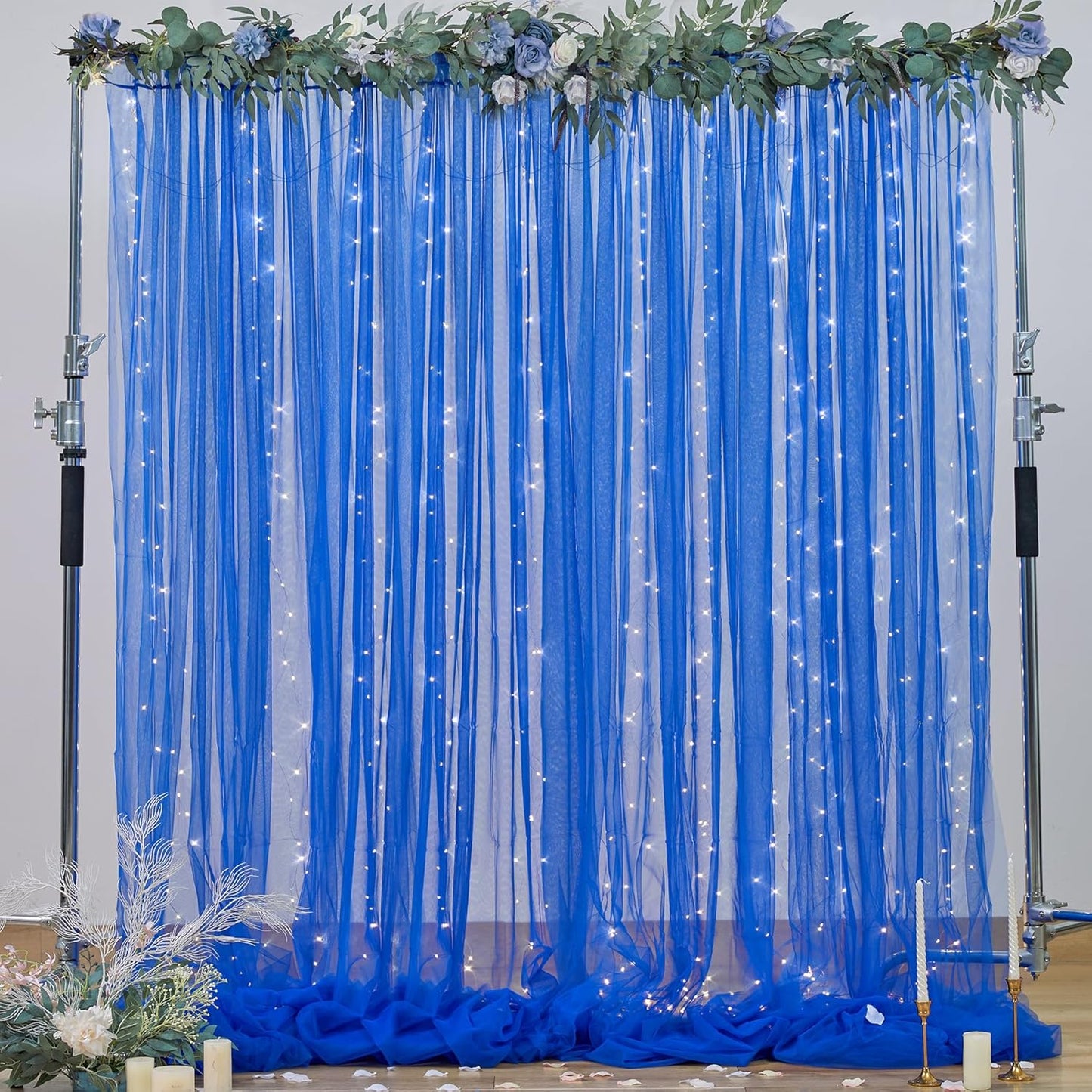 Royal Blue Backdrop Curtains with Lights String for Wedding Parties Sheer Tulle Backdrop Curtain Panels for Bridal Shower Baby Shower Birthday Photo Shoot Background Decorations 2 Panels 10×10ft