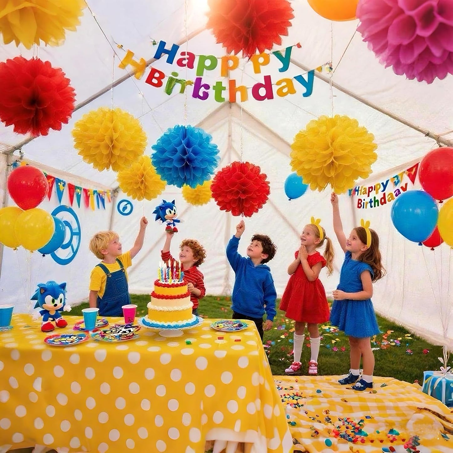 Blue Yellow Red Paper Pom Poms,Party Tissue Paper Flowers Balls,Party Hanging Decoration Supplies, Size of 10inch, 12inch, Pack of 12