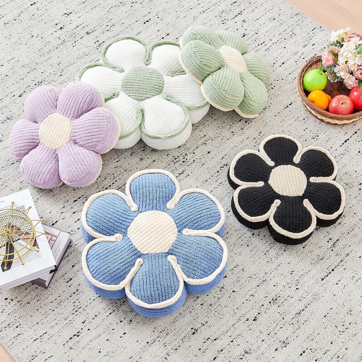 Flower Pillow, Soft Flower Decorative Throw Pillow, Cute Daisy Flower Shaped Seating Floor Cushion Room Décor Plush Pillows for Sofa Couch Bed (17.7 Inch, Black)