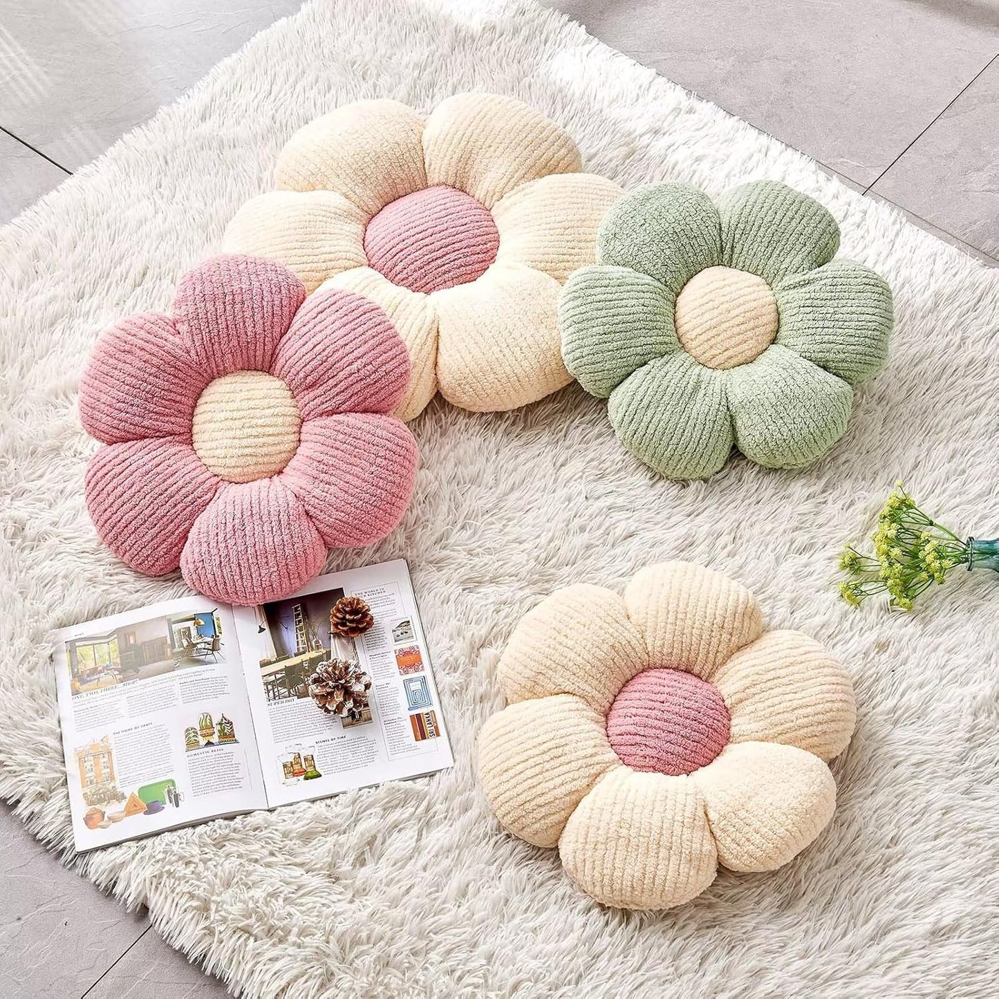 White Brown Flower Pillow, 14.9" Cute Flower Shaped Floor Pillow, Aesthetic Floral Plush Daisy Decorative Throw Pillows for Bed Sofa Couch
