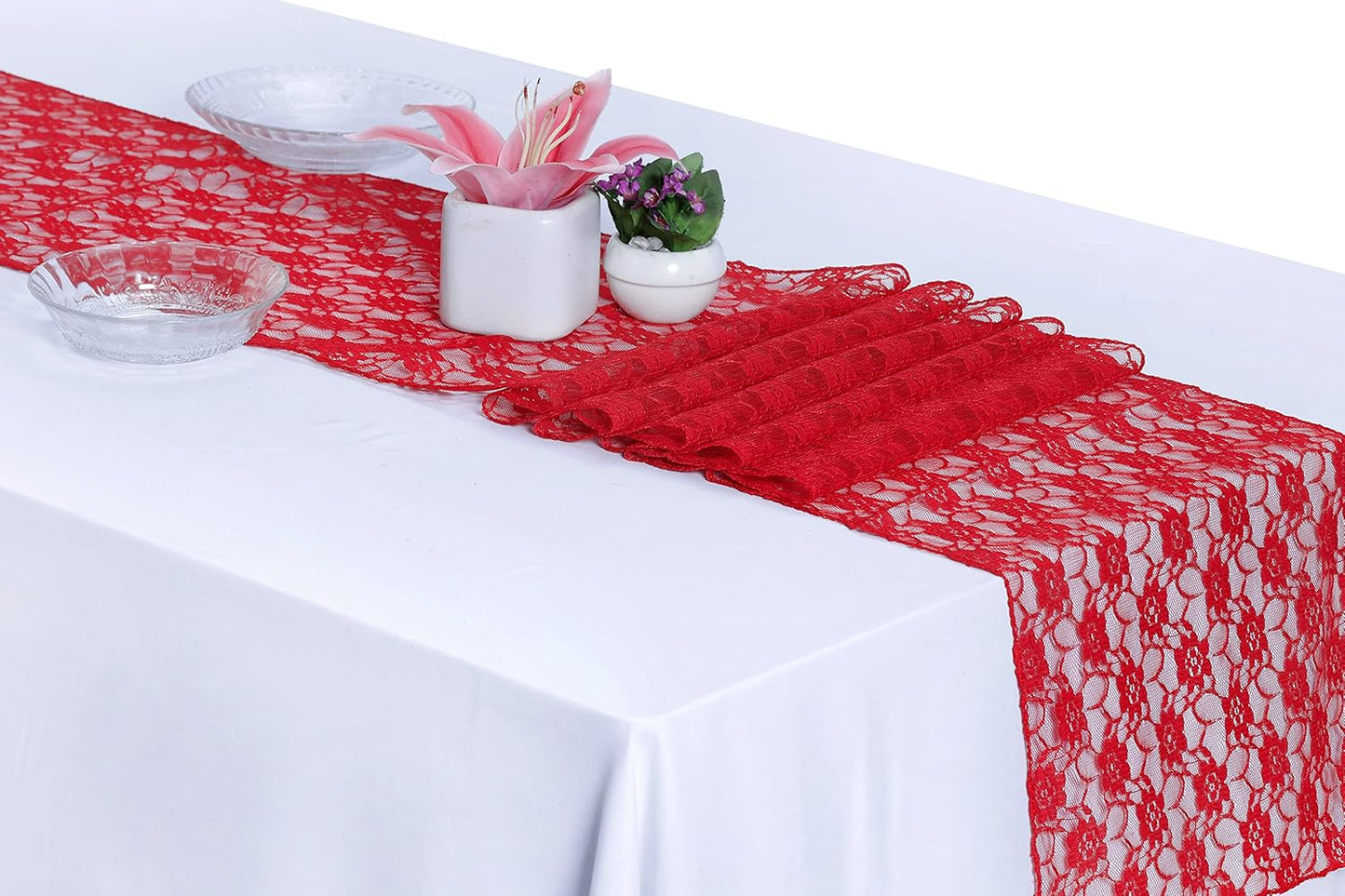 MDS Pack of 10 Wedding 12 x 108 inches Lace Table Runner for Wedding, Decorations for Birthday Parties, Banquets, Graduations, Engagements, and Runners fit Rectangle, Round Table- Red