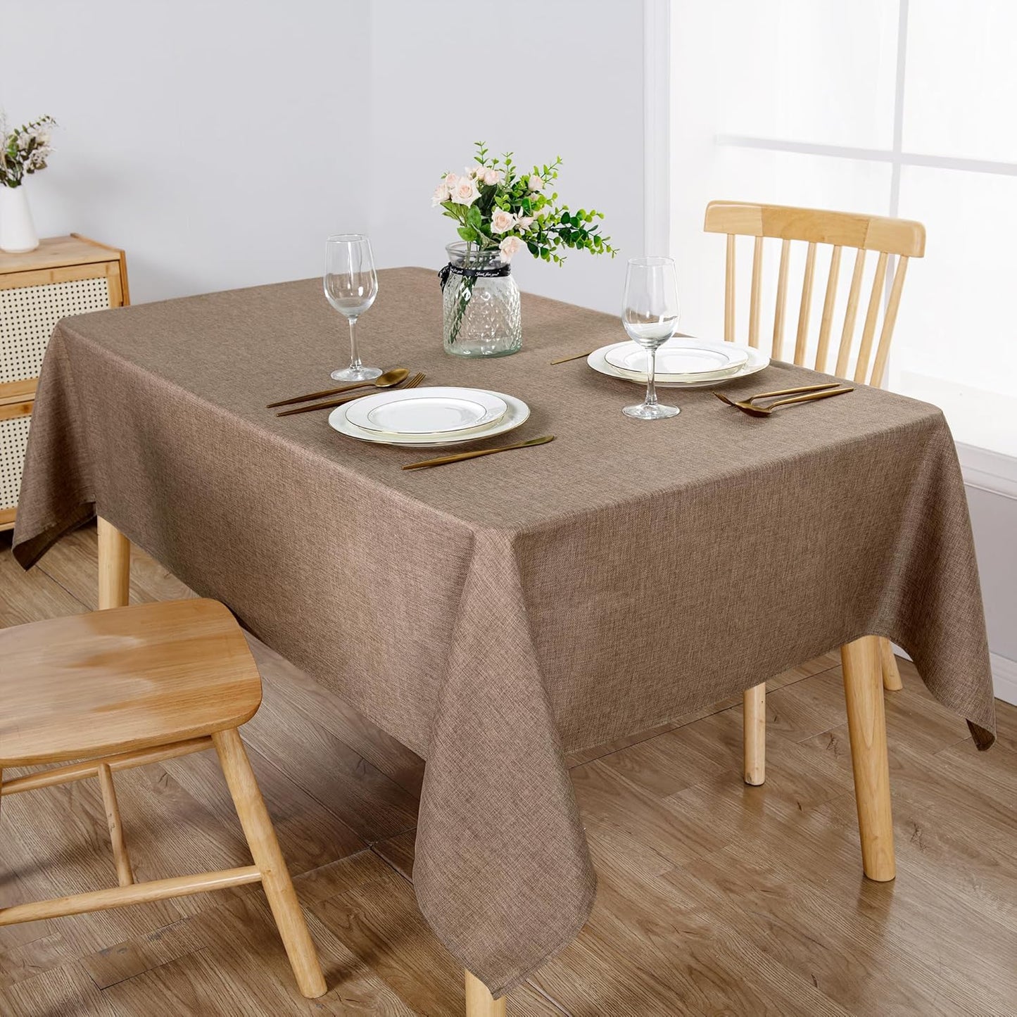 Hiasan 2 Pack Faux Linen Rectangle Tablecloth - Wrinkle and Stain Resistant Washable Table Cloth for Kitchen Dining Room Holiday Table Cover for Dinner, Khaki, 60 x 140 Inch