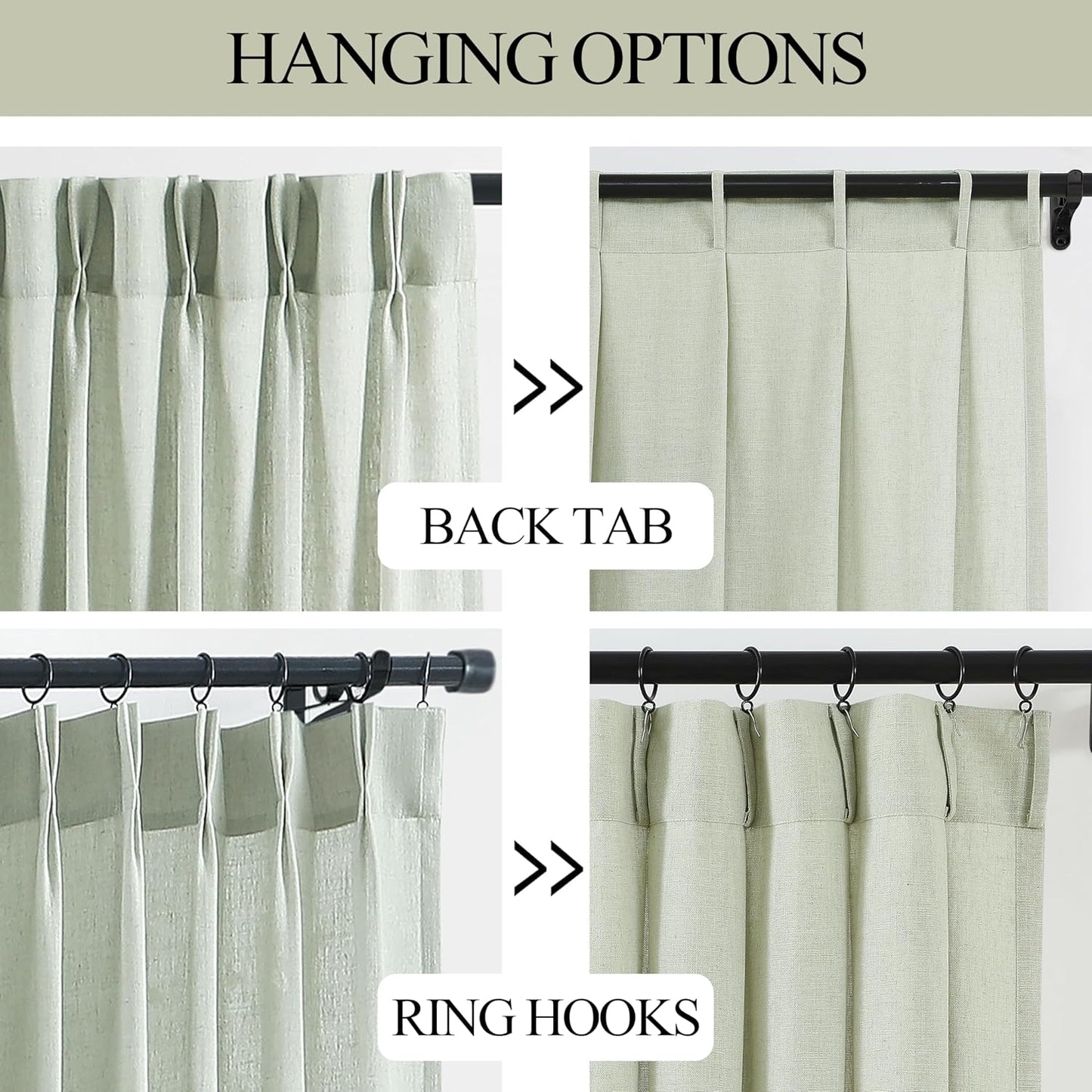 Vision Home Pinch Pleated Semi Sheer Curtains Textured Linen Blended Light Filtering Window Curtains 90 inch for Living Room Bedroom Pinch Pleat Drapes with Hooks 2 Panels 40" Wx90 L,Soft Green