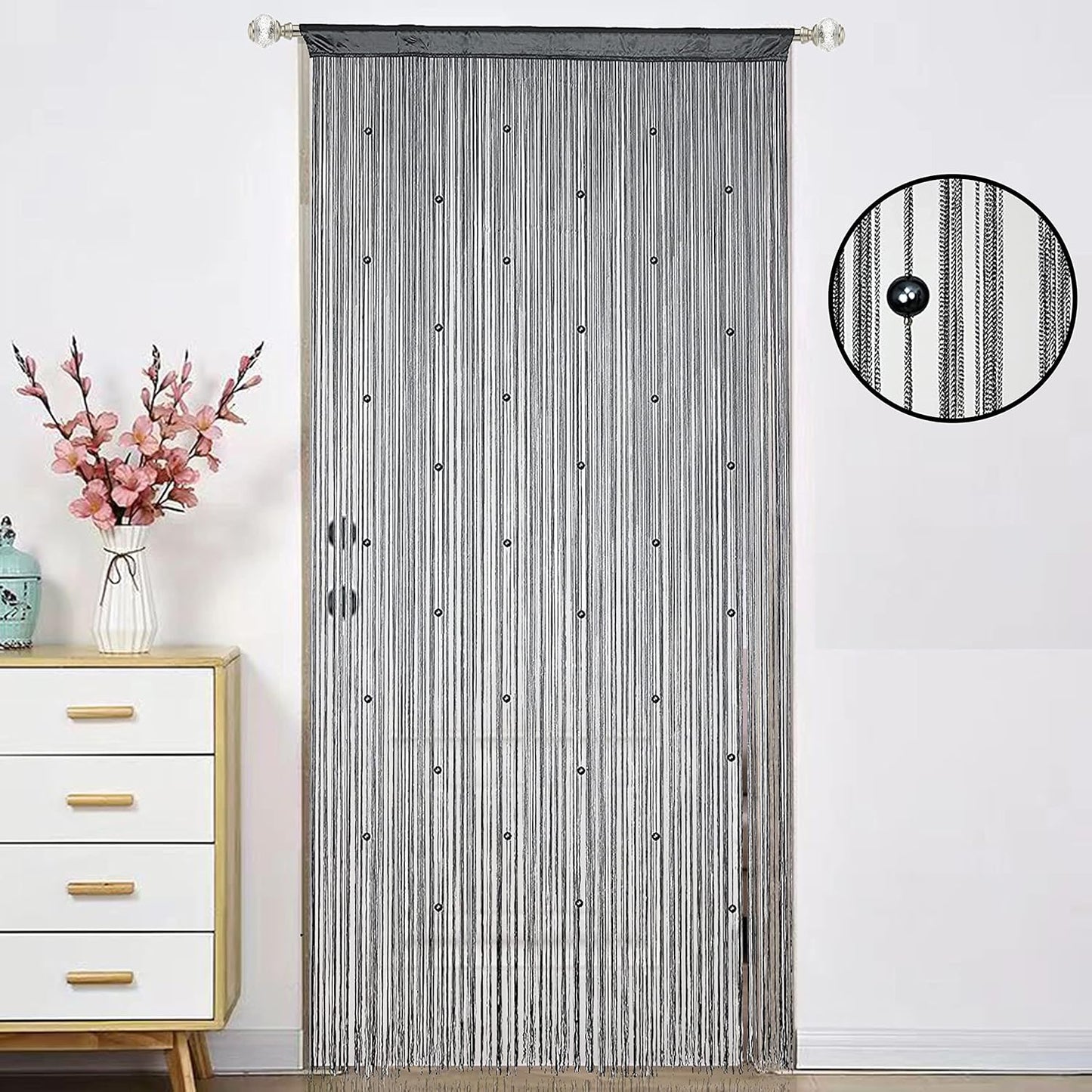 Beaded Doorway Curtain Door Beads Dense String Curtains Fringe Hippie Perfect for Wall Hanging Decor Room Divider Privacy Doors Window Closet Doorways Decorations (100x280cm,Grey)