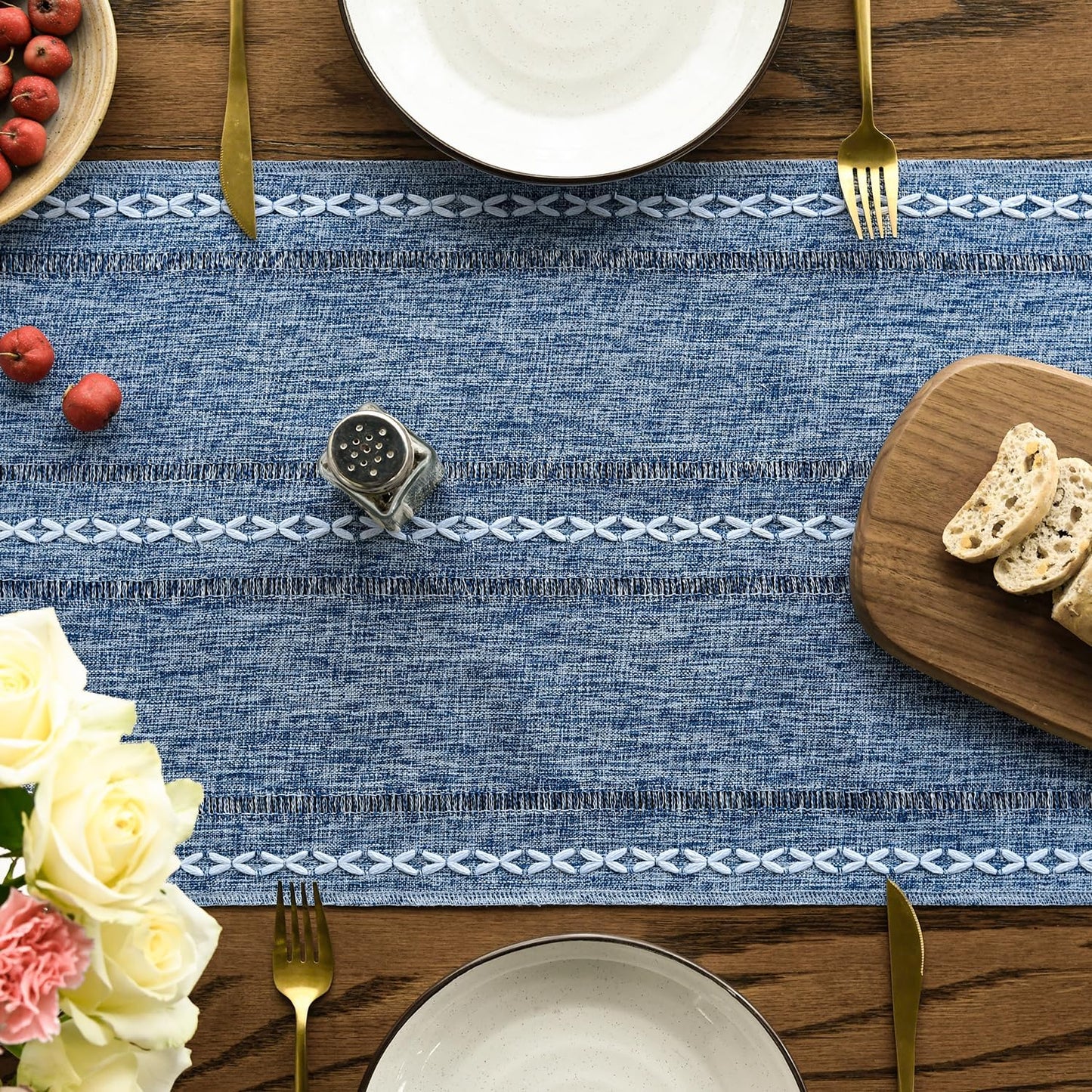 Artoid Mode Blue Rustic Cotton Linen Table Runner, Seasonal Embroidered Hollow Kitchen Dining Table Decoration for Home Party Decor 13x60 Inch