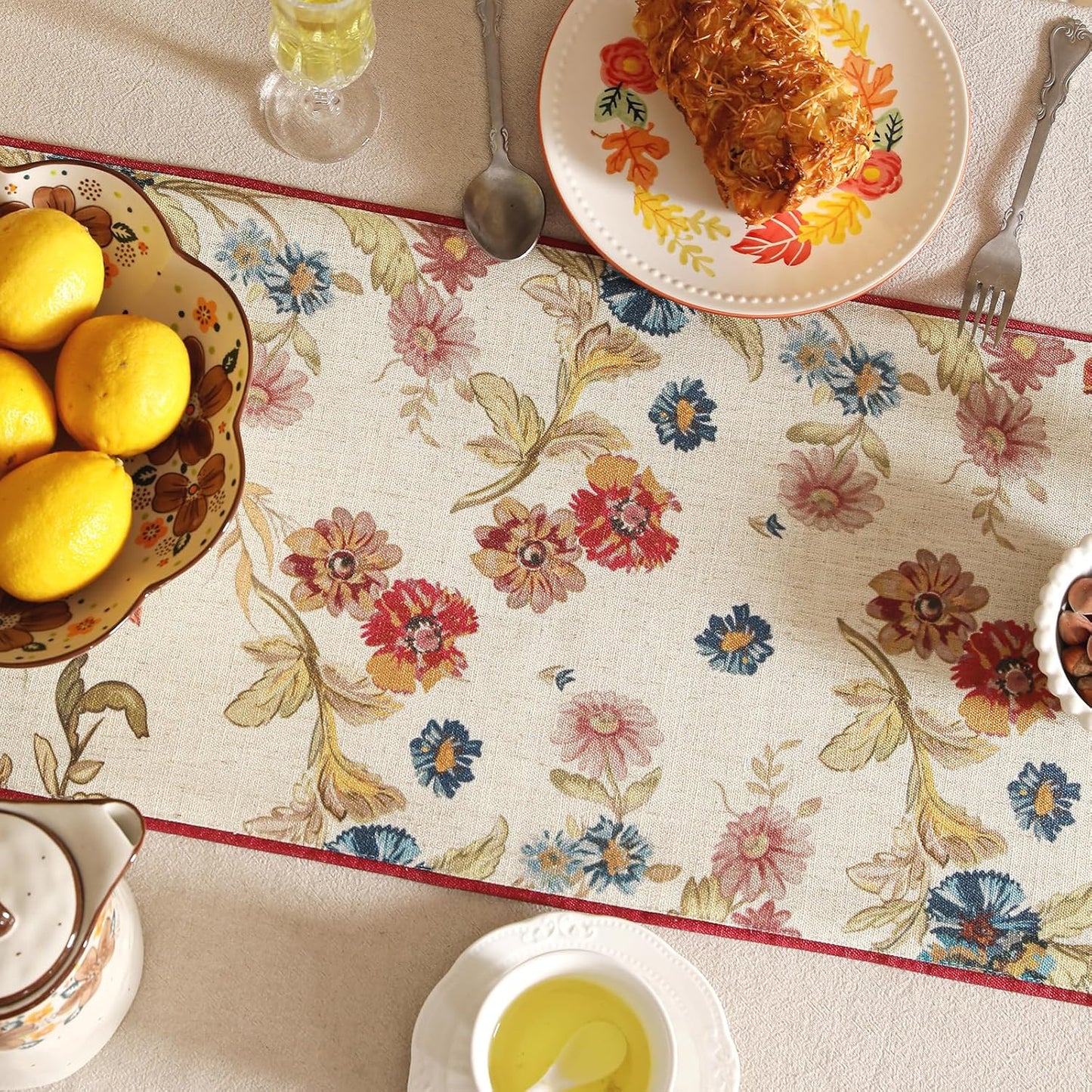 patdrea Designer Farmhouse Linen Extra Long Table Runner, Rustic Cottage Beige with Floral Pattern Fabric Table Mat, Decoration for Kitchen Dining Coffee Table Banquet Christmas , 12"*118"