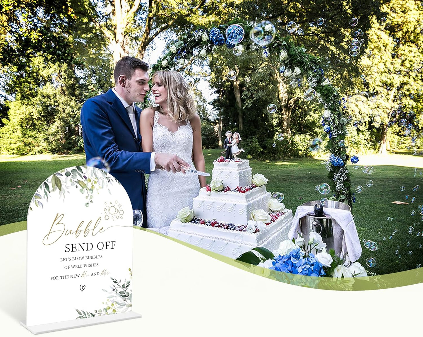 Greenery Bubble Send Off Sign, 6 x 8 Inch White Arch Acrylic Wedding Sign with Holder, Wedding Sign for Ceremony and Reception, Wedding Decoration, Wedding Supplies - LY14