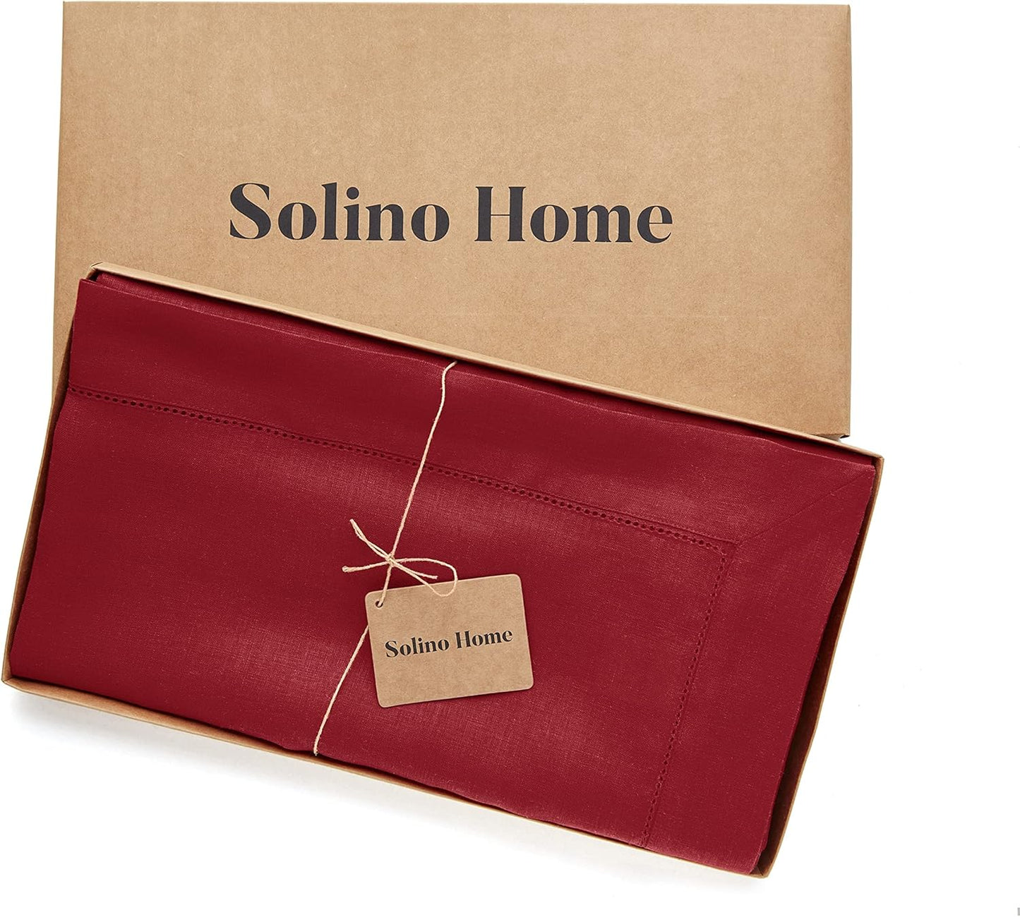 Solino Home Red Linen Tablecloth 60 x 144 Inch - 100% Pure Linen Hemstitch Table Cloth for Rectangle Tables - Classic Hemstitch, Machine Washable Tablecloth for Christmas