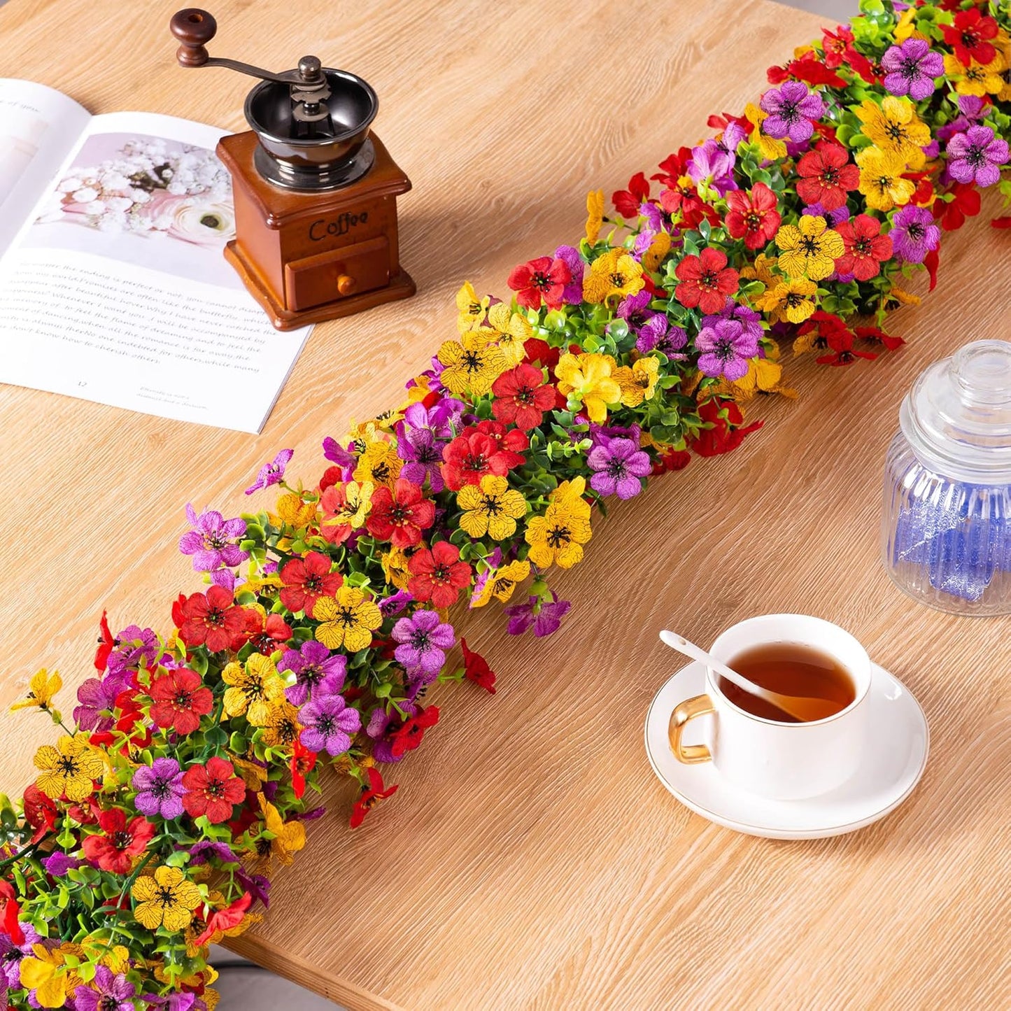 Artificial Flowers Garland Ivy, 4 Pack 5.9 FT Fall Decor UV Resistant Fake Mums Floral Vine Silk Daisy Hanging Flower for Home Garden Wedding Decor Photo Booth Backdrop(Red Purple Yellow)
