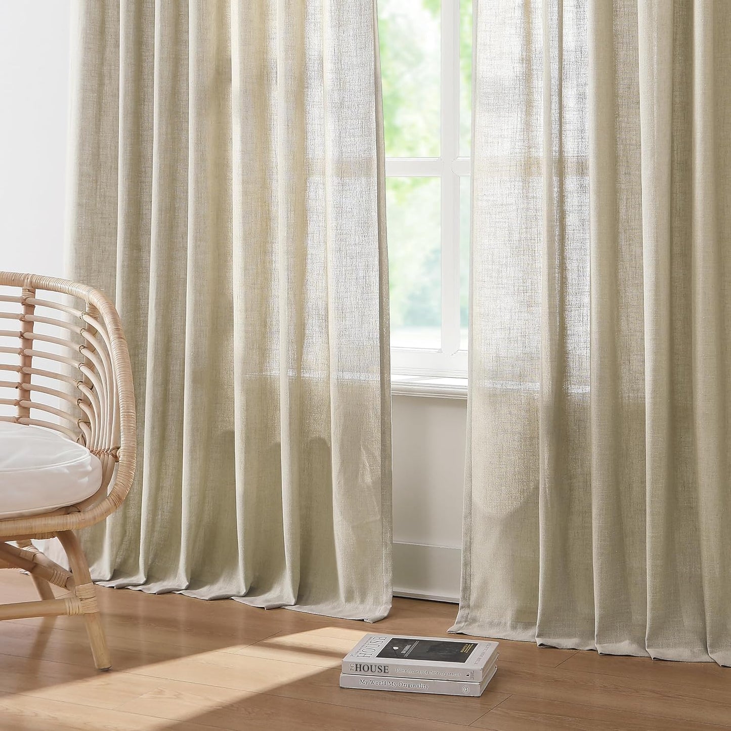 Vision Home Sand Pinch Pleated Semi Sheer Curtains Textured Linen Blended Light Filtering Window Curtains 95 inch for Living Room Bedroom Patio Pinch Pleat Drapes with Hooks 1 Panel 60" Wx95 L