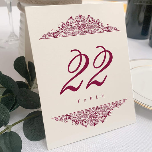 Paisley Wedding Table Numbers (Select Color/Quantity), Champagne, Burgundy, 1-30, Double Sided, Tent or Use in a Stand, Great for Parties & Restaurants - Made in the USA