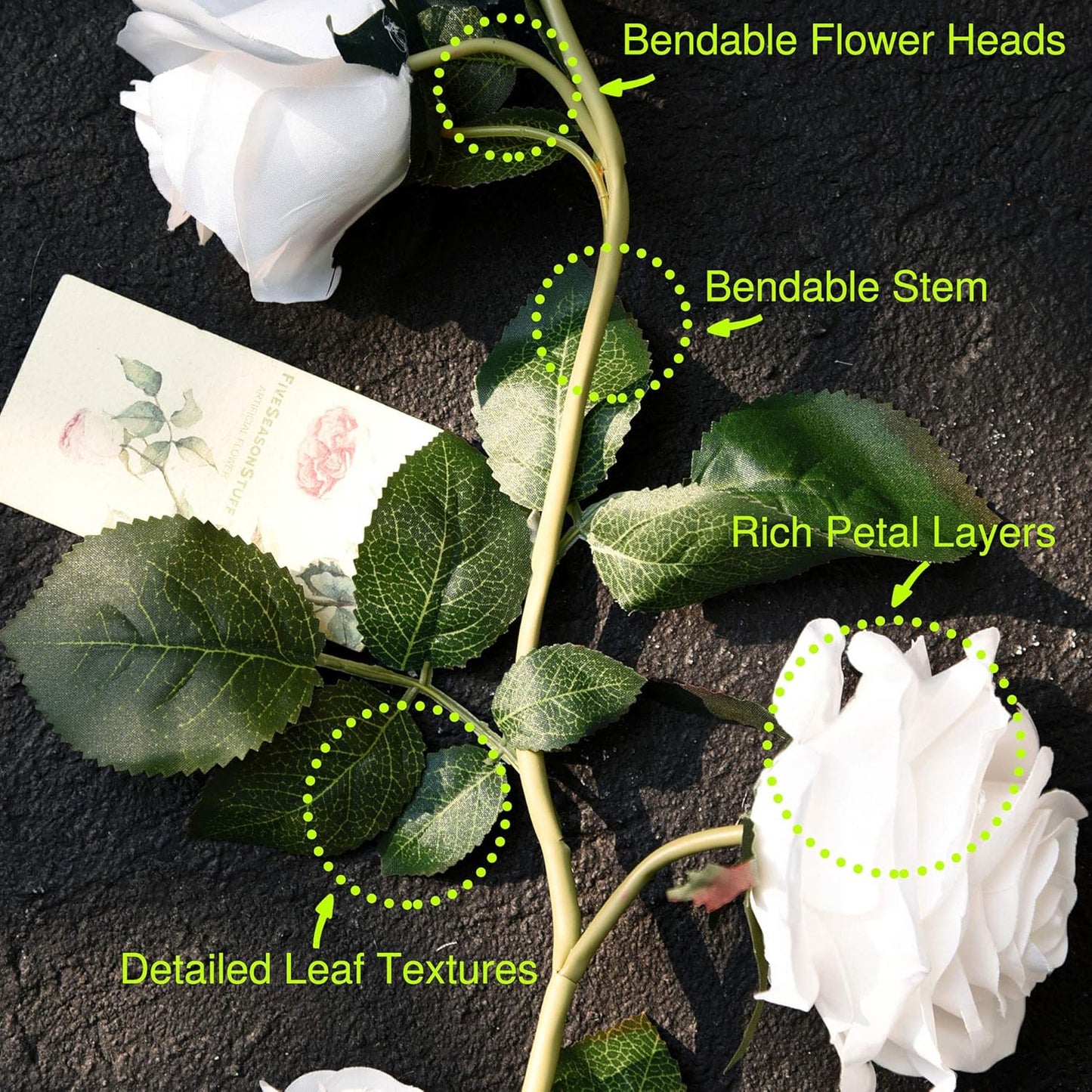 FiveSeasonStuff Floral White Artificial Silk Roses Flower Garland, Bendable Hanging Vine (2pcs, 11ft)