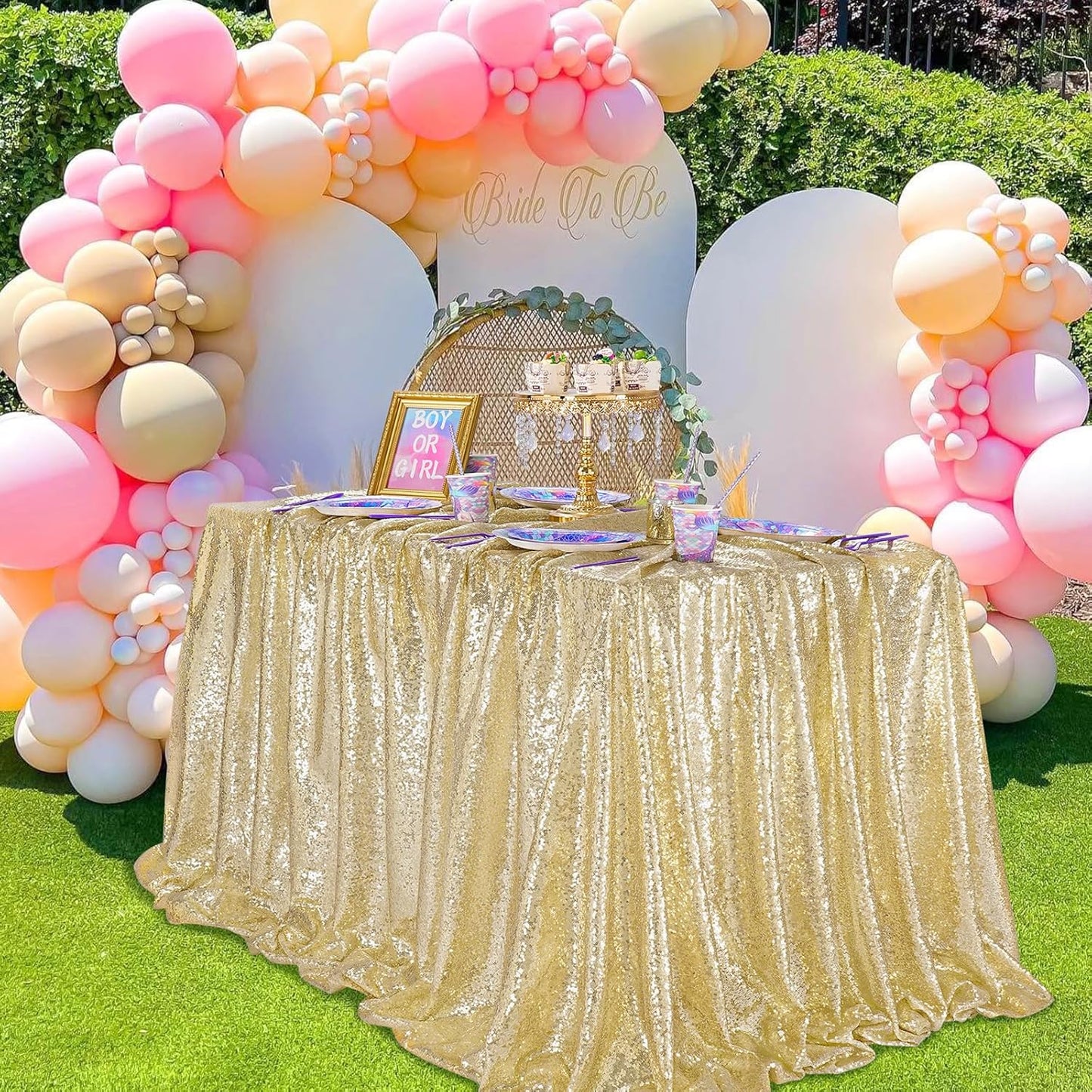 QueenDream Light Gold Party Decorations Sequin Tablecloth: Glitter Overlay 90x90 Inch Table Drapes for Banquet Wedding Theme Party Planners