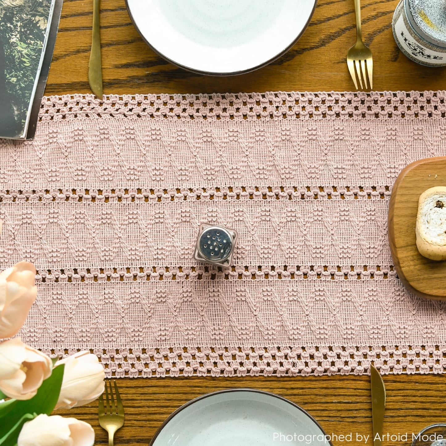 Artoid Mode Pink Farmhouse Woven Rustic Hollow Table Runner, Seasonal Holiday Hollow Kitchen Dining Table Decoration for Home Party Decor 12x48 Inch