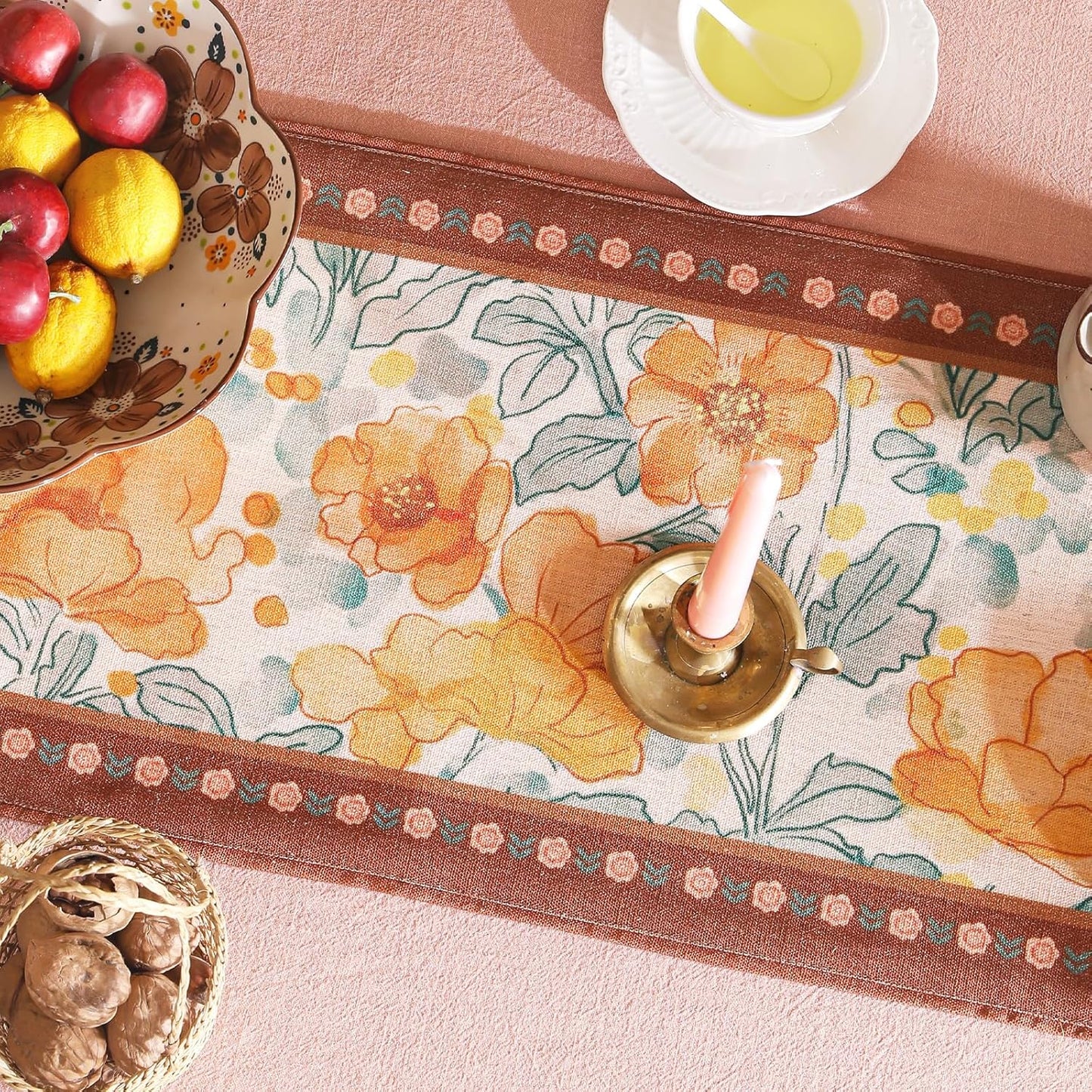 Designer Vintage Orange Floral Small Table Runner,French Farmhouse Soft Linen Coffee Table Runners 63 Inches Long,Decor Tabletop for Kitchen,Dining,Party,Home,Christmas,12"*63"