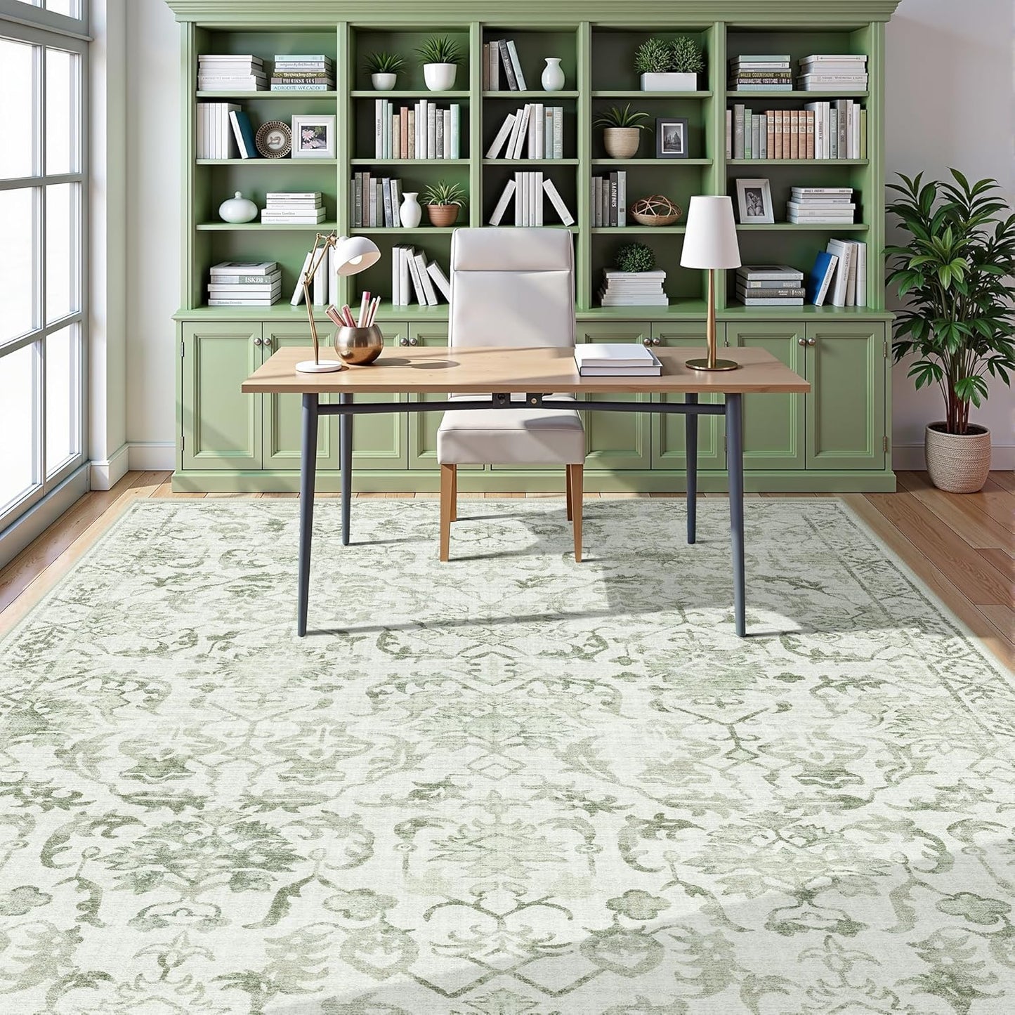 Sage Neutral Large Area Rug 9x12 for Living Room, Washable Rug for Dining Room Bedroom, Anti-Slip Low-Pile and Soft Accent Rug Farmhouse Office Home Decor Light Green