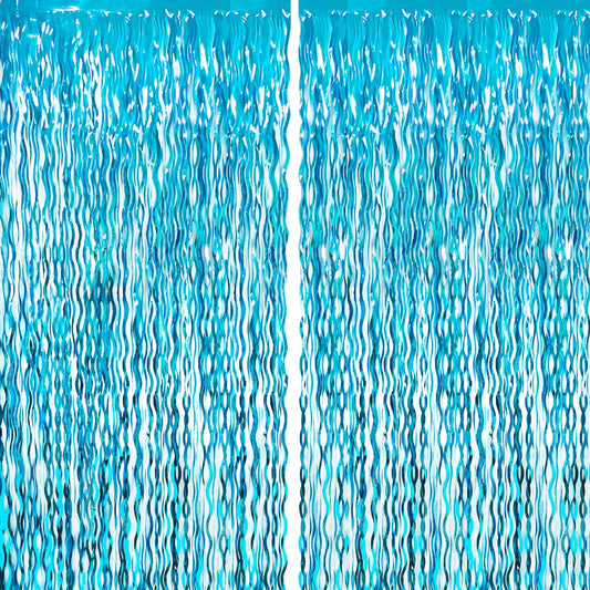 GOER 6.4 ft x 6.5 ft Metallic Tinsel Foil Fringe Curtains,Pack of 2 Party Streamer Backdrop for Birthday,Graduation Decorations and New Year Eve (Wavy Light Blue)