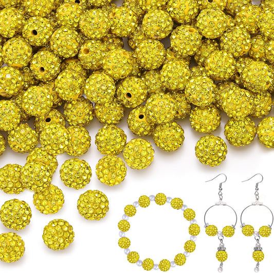 200pcs 10mm Citrine Rhinestone Beads for Jewelry Making, Shiny Round Shamballa Disco Ball Beads Bulk, Sparkle Crystal Clay Christmas for Bracelet Baseball Necklace Earring Crafting and DIY