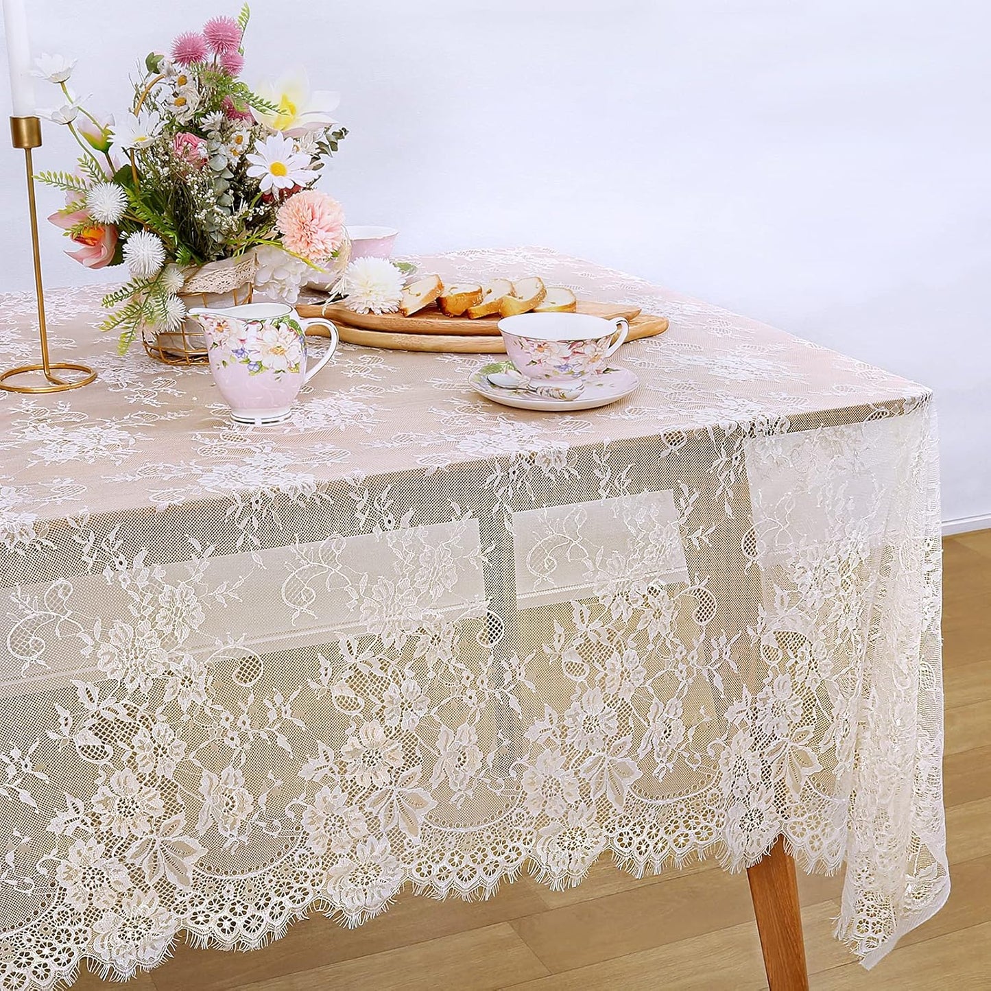 LuoluoHouse Pack of 6 Lace Tablecloth Ivory Table Fabric 60x120 Inch for Rustic Boho Wedding Bridal Shower Party Decorations Rectangle Overlay Long Vintage Embroidered Reception Table Cloth Decor