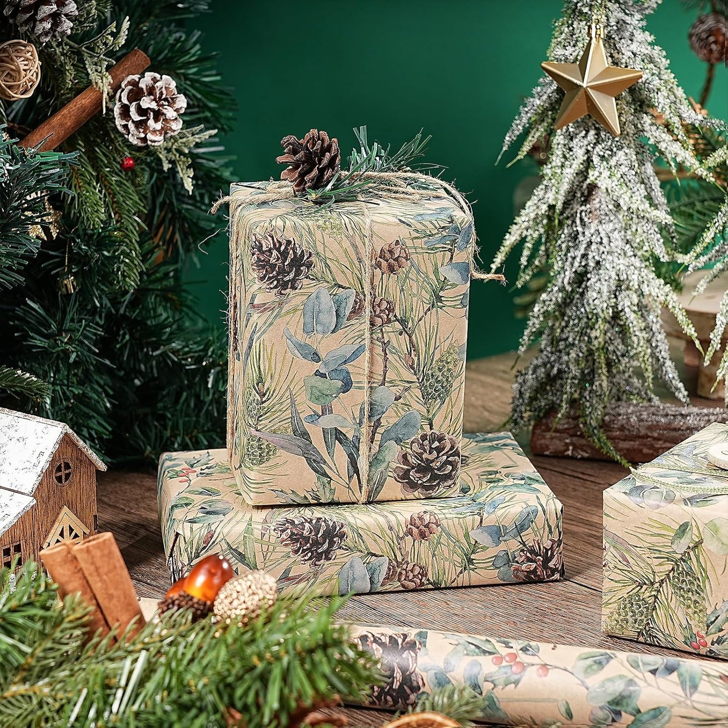RUSPEPA 30" X 100' Kraft Christmas Wrapping Large Paper Roll, Jumbo Roll, Watercolor Pinecone and Eucalyptus Leaf Design, Kraft Gift Wrap for Christmas, Winter Holiday Party, Rustic Natural Theme
