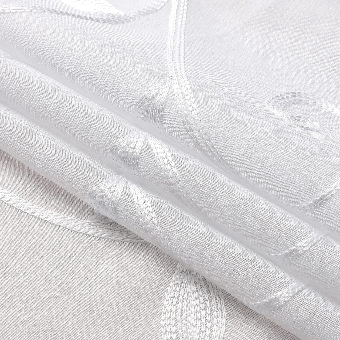 VISIONTEX Sheer Voile Curtains, Decorative White Leaves Embroidery Faux Linen Rod Pocket Window Drapes for Home Kitchen, Living Room and Bedroom 54 x 54 Inch, Set of 2 Curtain Panels