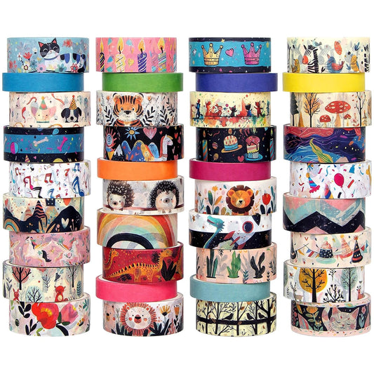 Washi Tape Set 39 Rolls - Cute Animal Colored Decorative Adhesive Tape for Kids, Masking Tape for Scrapbooking Supplies, DIY Crafts, Gift Wrapping, Junk Journal, Planners, School Supplies